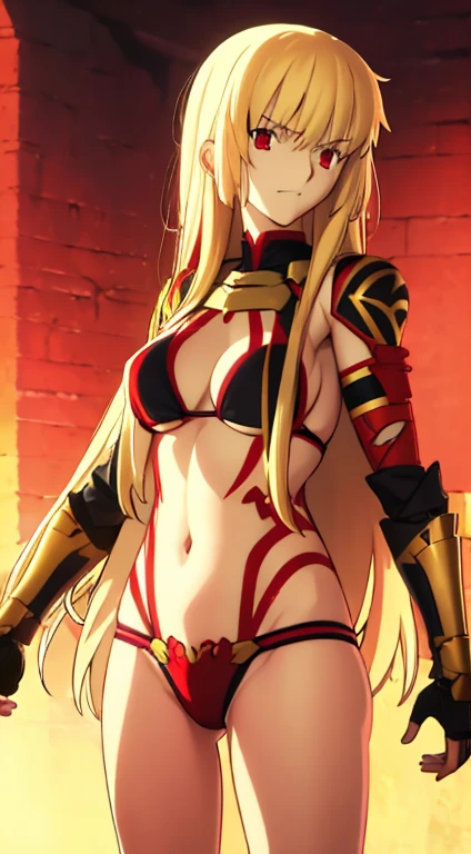 (1 girl, solo), Gilgamesh, genderswap, blonde golden hair, Red eyes, naked, bikini armor, belly, stomach, navel, underboobs, long hair, redline tattoo, simetris tattoo, (ultra high quality), perfect face, detailed, 8k, masterpiece, sleeping, in bed