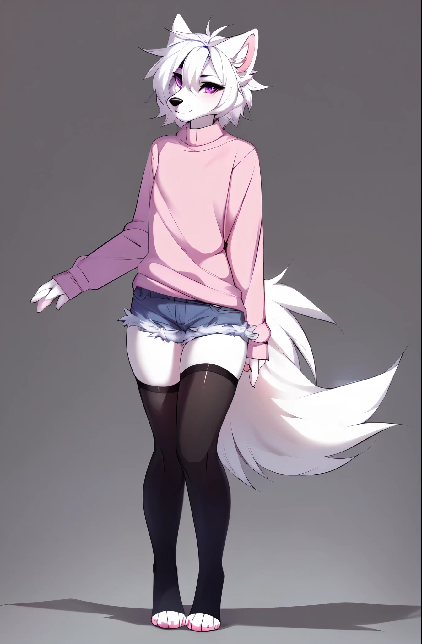 a white wolf boy, male, feminine, detailed purple eyes, short white hair, white wolf ears, cute snout, black nose, white wolf tail, wearing pink long sleeve shirt, jean shorts, black toeless thigh high socks, exposed toes, 4 toes, simple background, full body shot, feet visible, by hyattlen, by braeburned, by fumiko, full body shot, high resolution, standing, front view