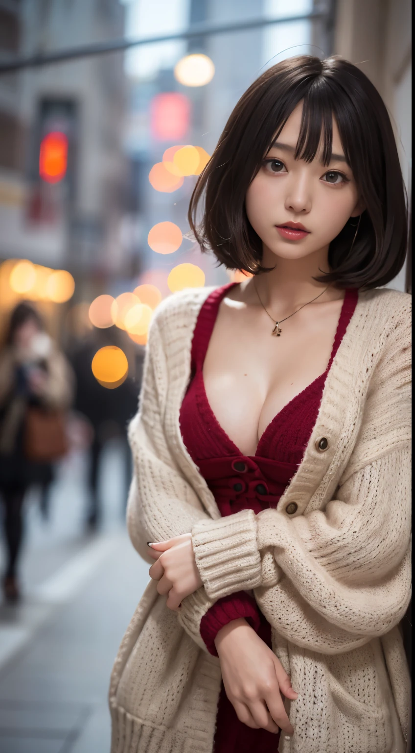 (in 8K、top-quality、masutepiece、超A high resolution:1.2) 、(Cold style:1.1) 、 (snowy night city) 、Beautiful realistic Japan woman、22year old、thick red lips, upper body portrait, standing front of christmas tree, Sexy Pose, short hair、brown hair、Dark skin、Brown skin、strongly tanned skin、Gal style necklace、Gal style bracelet、Gal Style Accessories, thick red lips、(oversized knitted dress:1.3), rofessional photograpy、artistic、