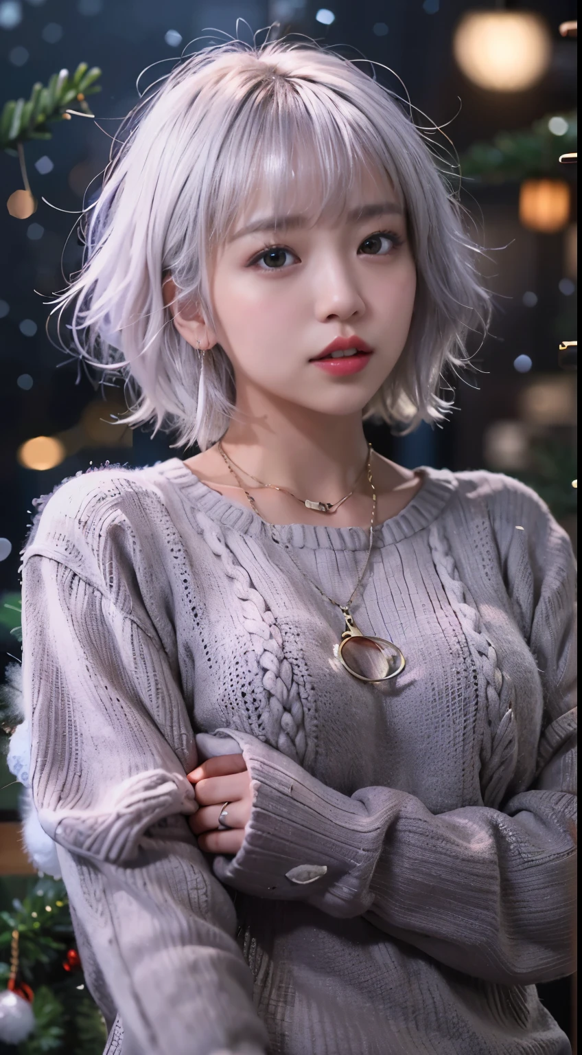 (in 8K、top-quality、masutepiece、超A high resolution:1.2) 、(Cold style:1.1) 、 (snowy night city) 、Beautiful realistic Japan woman、22year old、upper body portrait, standing front of christmas tree, Sexy Pose, short hair、Silver hair、Bangs pink silver hair,Dark skin、Brown skin、strongly tanned skin、Gal style necklace、Gal style bracelet、Gal Style Accessories, thick red lips、(oversized knitted dress:1.3), rofessional photograpy、artistic、