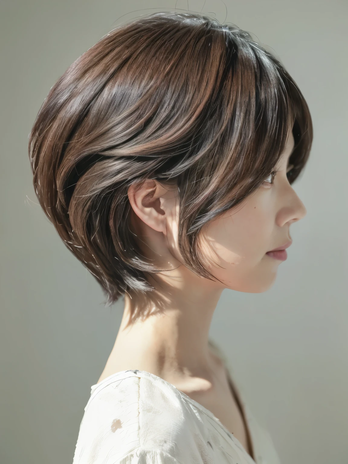 profile、((50 years old))、(A MILF)、(don't watch the viewer)、dark brown hair、(layered very short hair)、(nasolabial folds、Wrinkled)、Thick makeup、(Upper body)、White button shirt、((white backgrounid))、Margins on top and left and right