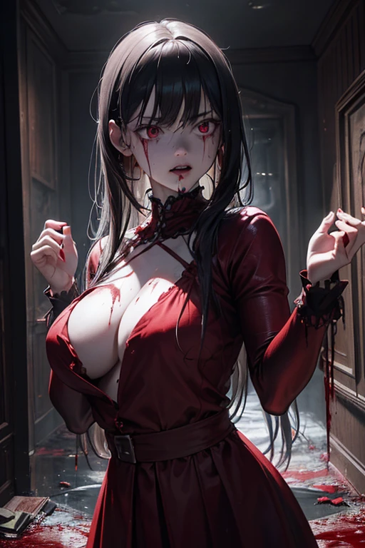 (best quality,4k,8k,highres,masterpiece:1.2),ultra-detailed,(realistic,photorealistic,photo-realistic:1.37),gory,horror,portrait,red dress,girl covered in blood,scary face,dark atmosphere,cold tones,blurred background,flickering candlelight,sharp focus,creepy,long hair,evil gaze,sinister smile,haunting,exaggerated shadows,spooky,macabre,unsettling,gothic,lens flare,misty,mysterious,isolated,abandoned location,nighttime,traitorous,blood flow,distorted,psycho,unearthly,Bloody Mary legend,horrific,macabre,terrifying expression,lunatic laughter,petrifying,mind-bending,lost in darkness,ominous presence,macabre,stained hands,psychotic,knife in hand,blood-soaked,dripping blood,horror movie-inspired,nightmarish,unsettling beauty,paranormal