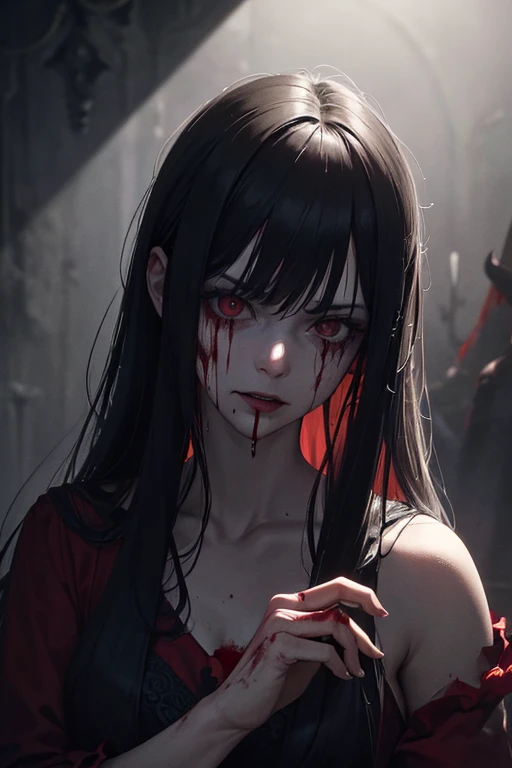 (best quality,4k,8k,highres,masterpiece:1.2),ultra-detailed,(realistic,photorealistic,photo-realistic:1.37),gory,horror,portrait,red dress,girl covered in blood,scary face,dark atmosphere,cold tones,blurred background,flickering candlelight,sharp focus,creepy,long hair,evil gaze,sinister smile,haunting,exaggerated shadows,spooky,macabre,unsettling,gothic,lens flare,misty,mysterious,isolated,abandoned location,nighttime,traitorous,blood flow,distorted,psycho,unearthly,Bloody Mary legend,horrific,macabre,terrifying expression,lunatic laughter,petrifying,mind-bending,lost in darkness,ominous presence,macabre,stained hands,psychotic,knife in hand,blood-soaked,dripping blood,horror movie-inspired,nightmarish,unsettling beauty,paranormal