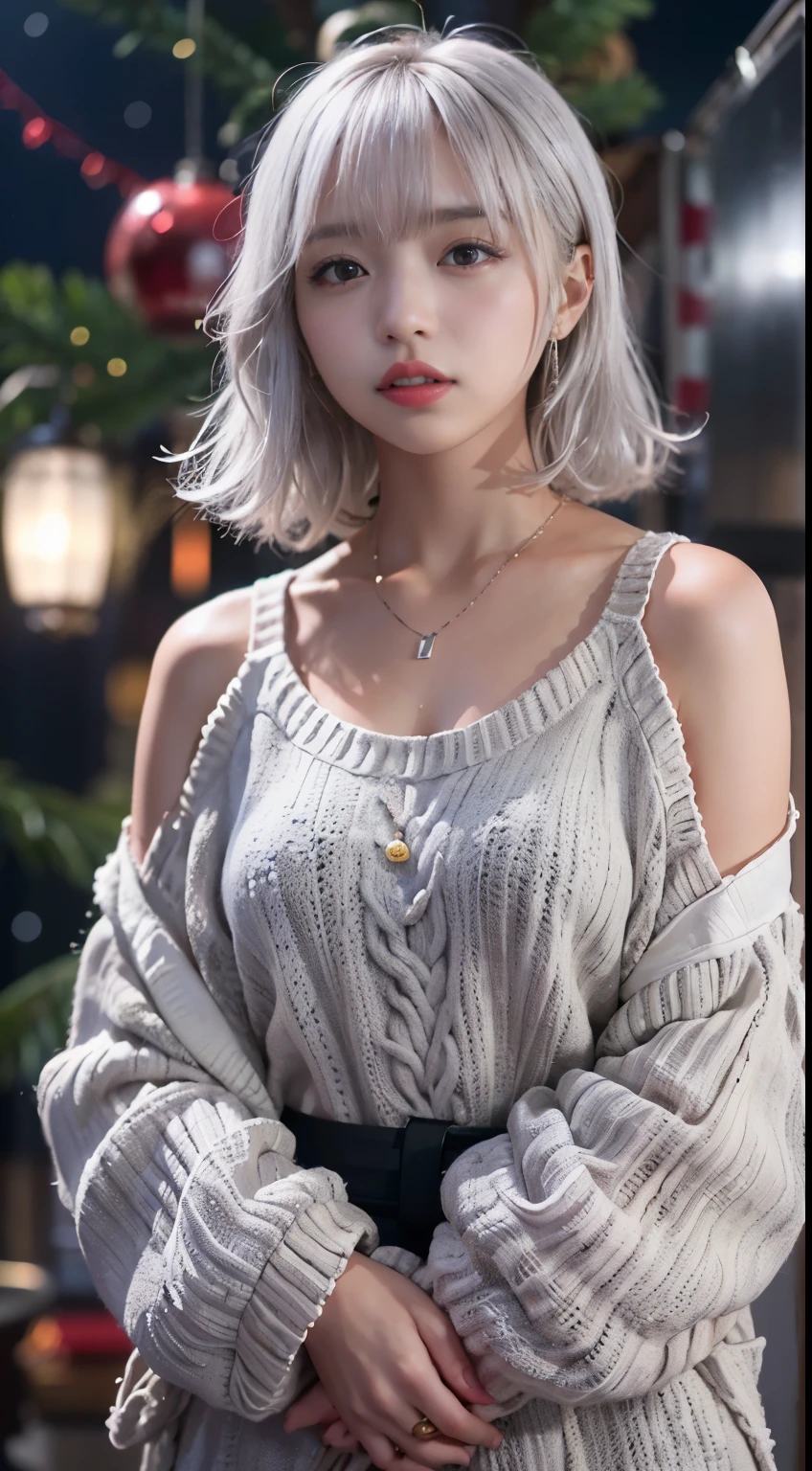 (in 8K、top-quality、masutepiece、超A high resolution:1.2) 、(Cold style:1.1) 、 (snowy night city) 、Beautiful realistic Japan woman、22year old、upper body portrait, standing front of christmas tree, Sexy Pose, short hair、Silver hair、Bangs pink silver hair,Dark skin、Brown skin、strongly tanned skin、Gal style necklace、Gal style bracelet、Gal Style Accessories, thick red lips、(oversized knitted dress:1.3), rofessional photograpy、artistic、