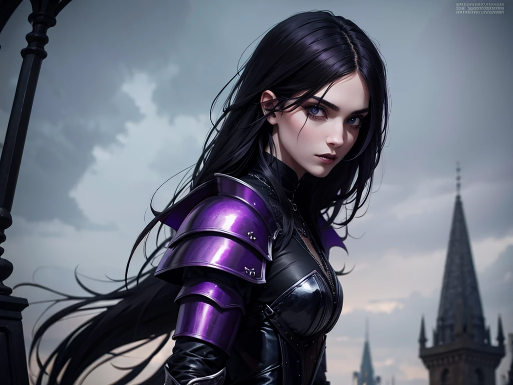 A vampire wizard character wearing very detailed and beautiful gothic armor in black and purple colors. Seu cabelo com corte em estilo curto, black lip color, cor roxa dos olhos;, manto, capuz, caminhando, 8k, Magnificent, Black and purple Gothic armor, capa