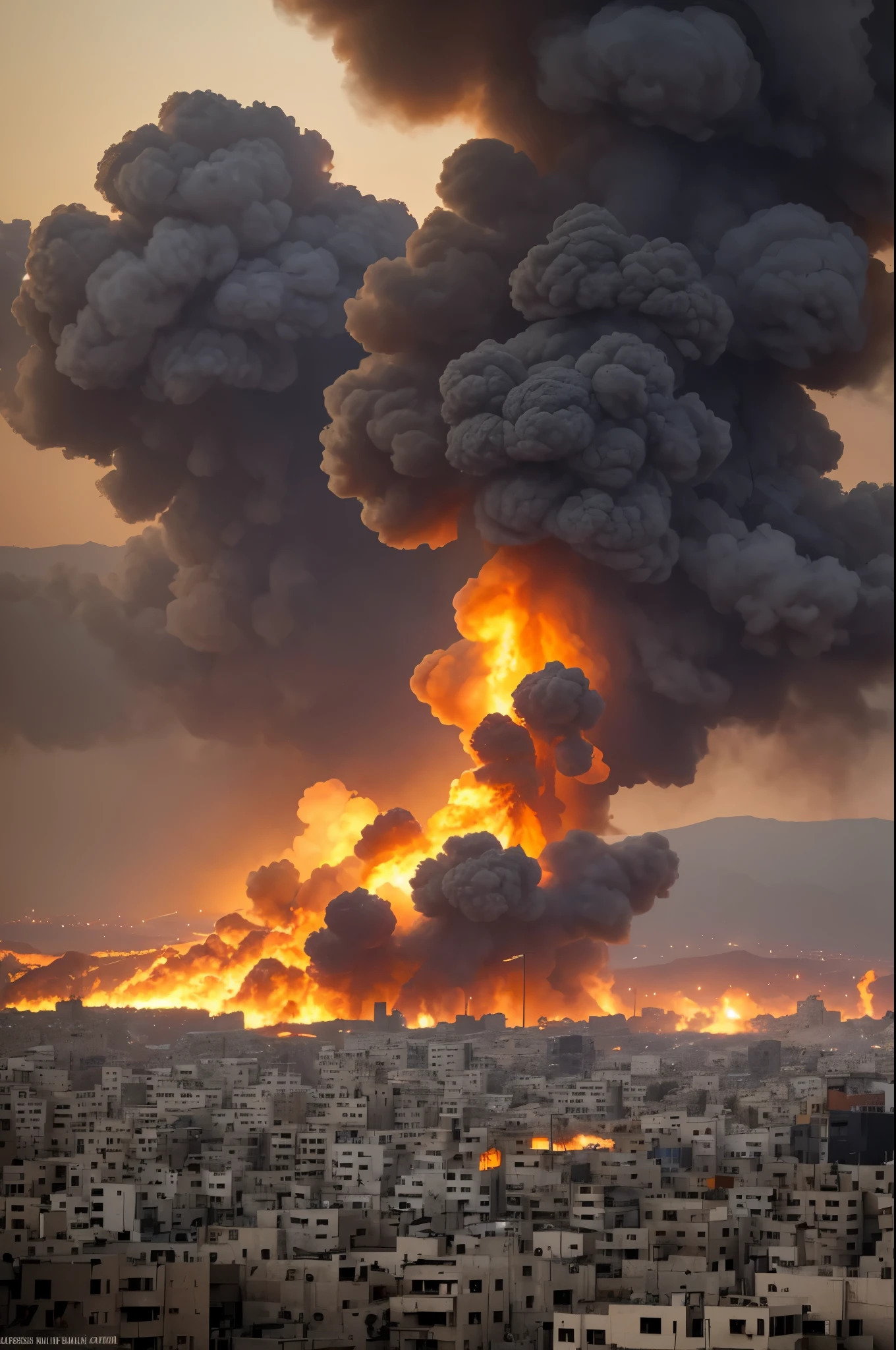 (obra maestra), (hiperrealista), (8k), little boy and girl 4 years, palestinos primer plano, rostros llorando, ciudad de Gaza destruida, ciudad en escombros, fuego E incendios, dramatic scene, guerra en Palestina, ropas Palestina, colores palestinos, ciudad bombardeada.