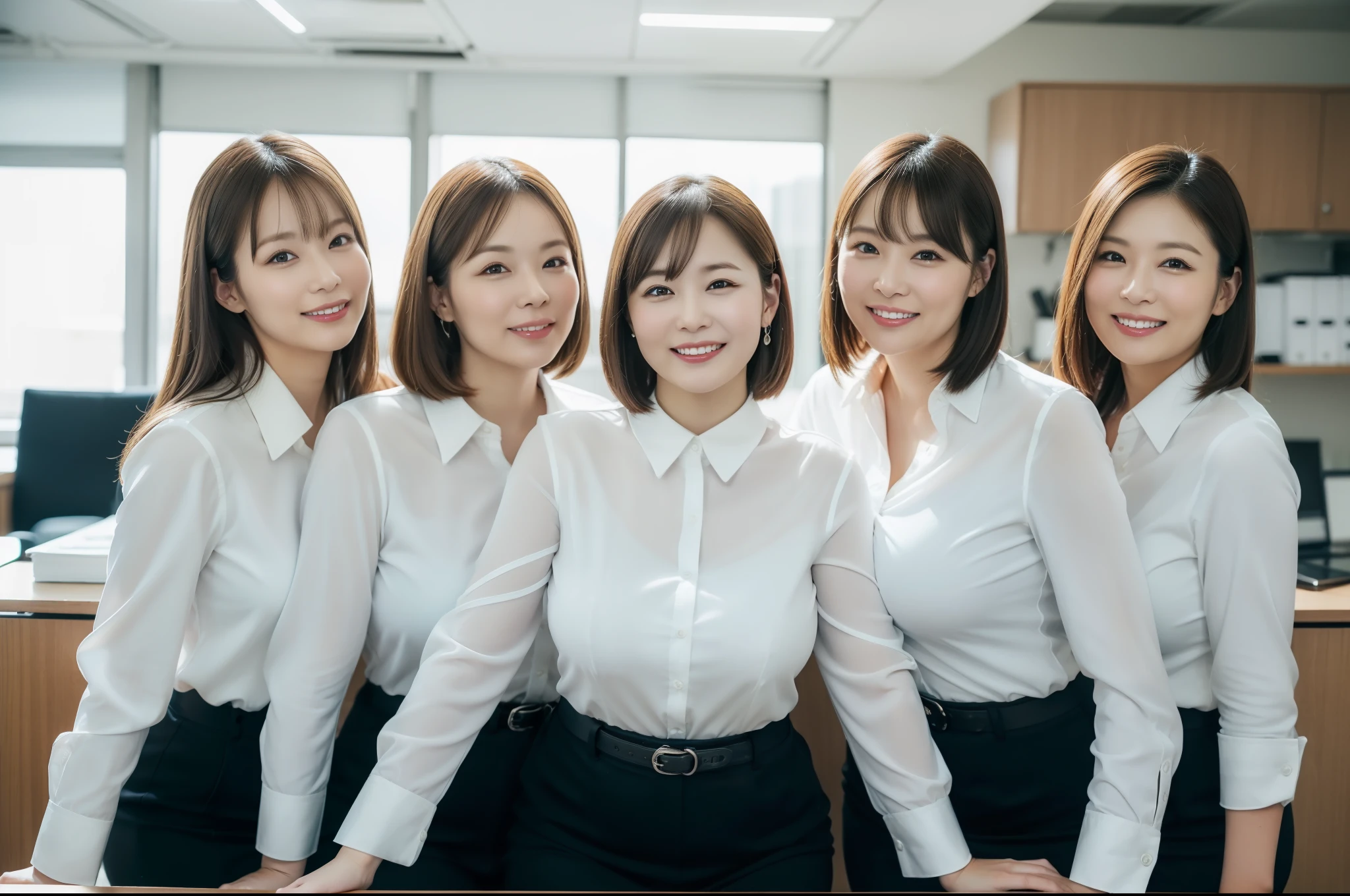 ((Best Quality, 8k, Masterpiecedetails, ultra-high resolution)), (group picture),(looking at the viewer), (full shot:), attractive business 5 milfs, 5 people, a bit chubby:0.15, seductive expression, (sitting on office desks)), smile, office of CEO,