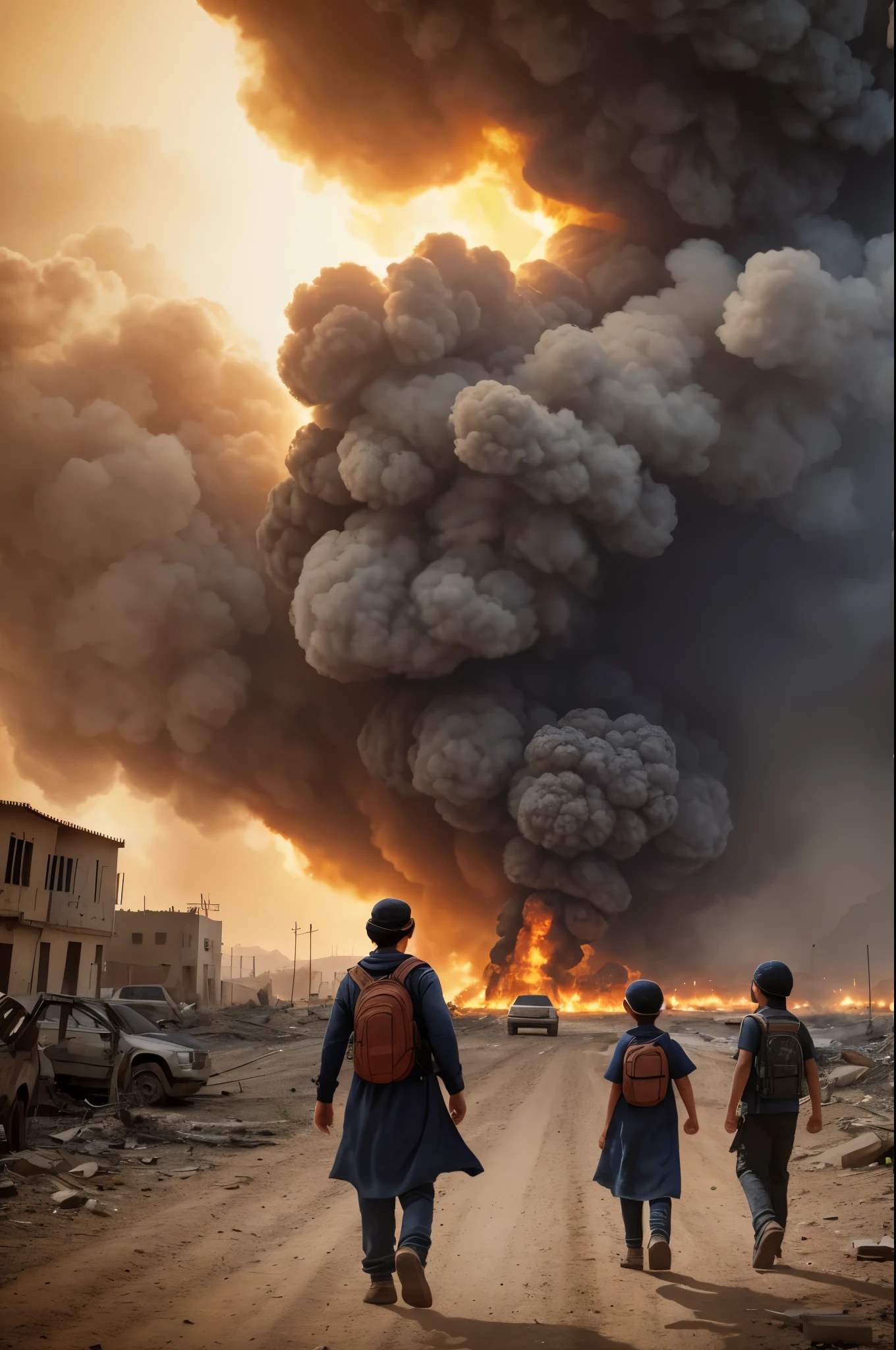 (obra maestra), (hiperrealista), (8k), and girl 4 years, palestinos primer plano, rostros llorando, ciudad de Gaza destruida, ciudad en escombros, fuego E incendios, dramatic scene, guerra en Palestina, ropas Palestina, colores palestinos, ciudad bombardeada.