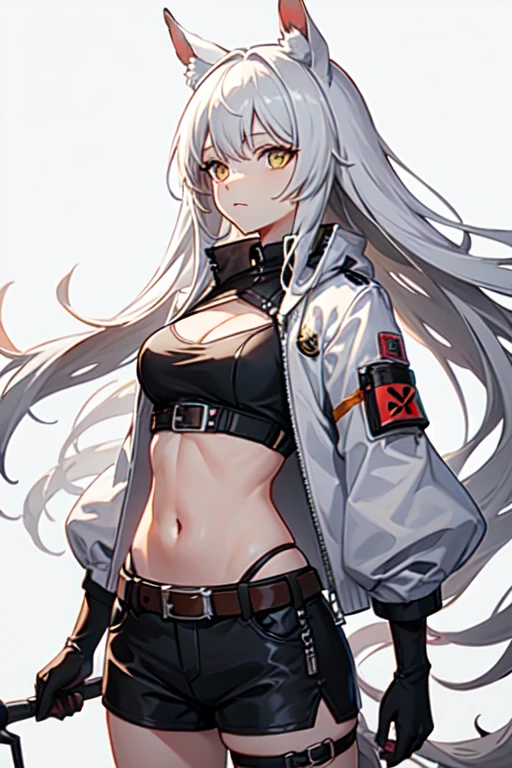 1girl, white hair, navel, looking at viewer, hand on hip, black jacket, dolphin shorts, groin, (white shirt:1.2), braid, very long hair, wide hips,
underboob, shirt,
big\(BodyProportions\),