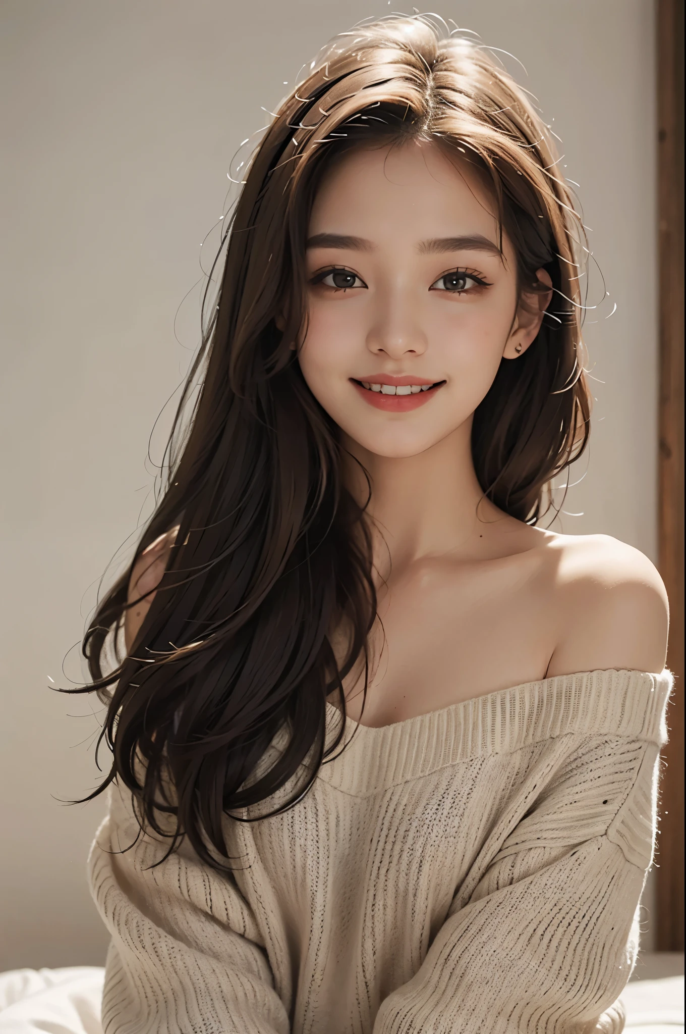 best quality, masterpiece, ultra high res, photorealistic, 1girl, offshoulder, smile, oversized_sweater, soft lighting, detailed skin,brown hair