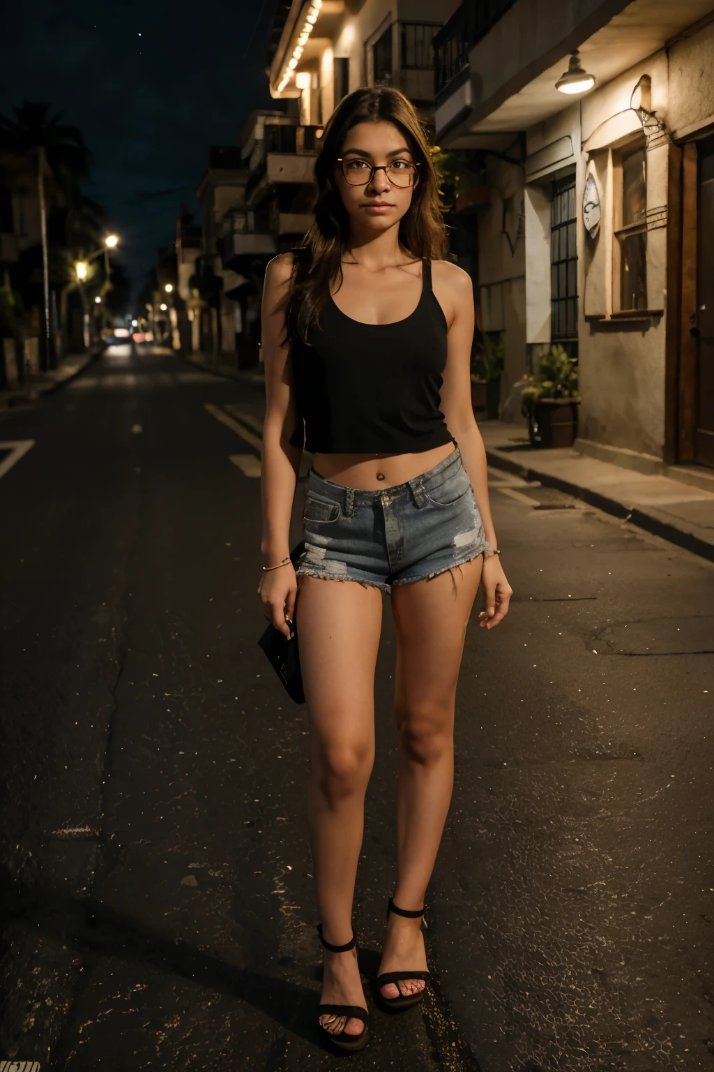 girl 18 years old, pelo moreno largo, ojos marrones, gafas, tank top, minifalda plisada, tacones, Cara seria, en una calle nocturna, oscura, 8k, hdr, alta calidad