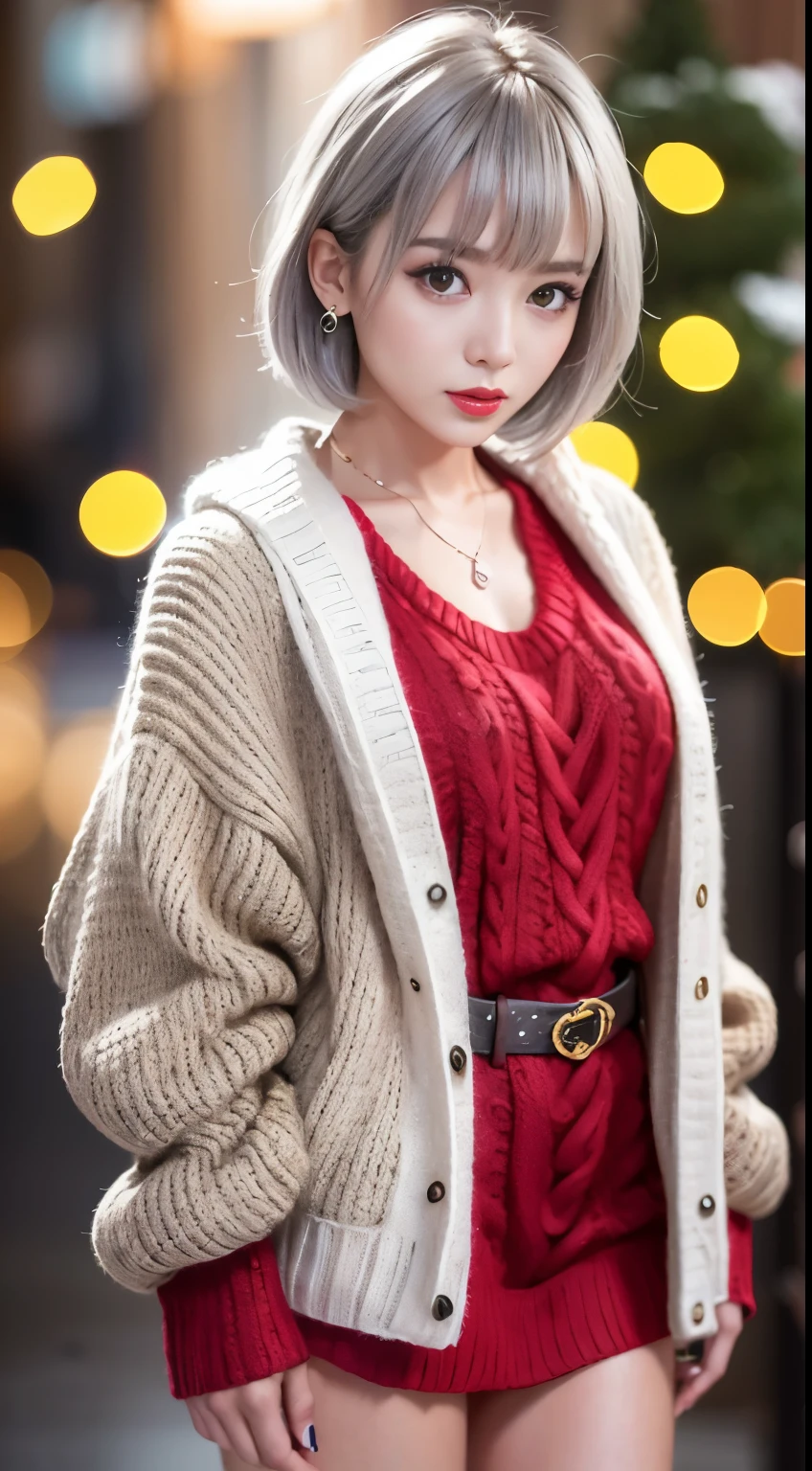 (in 8K、top-quality、masutepiece、超A high resolution:1.2) 、(Cold style:1.1) 、 (snowy night city) 、Beautiful realistic Japan woman、22year old、standing front of christmas tree, Sexy Pose, short hair、Silver hair、Bangs pink silver hair,Dark skin、Brown skin、strongly tanned skin、Gal style necklace、Gal style bracelet、Gal Style Accessories, thick red lips、(oversized knitted sweater:1.3), rofessional photograpy、artistic、