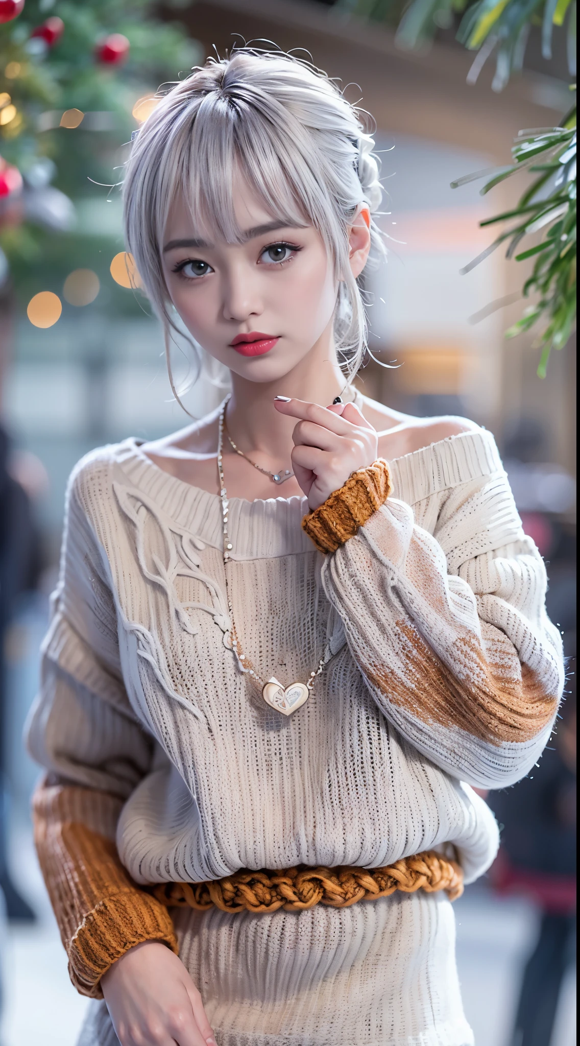 (in 8K、top-quality、masutepiece、超A high resolution:1.2) 、(Cold style:1.1) 、 (snowy night city) 、Beautiful realistic Japan woman、22year old、standing front of christmas tree, Sexy Pose, short hair、Silver hair、Bangs pink silver hair,Dark skin、Brown skin、strongly tanned skin、Gal style necklace、Gal style bracelet、Gal Style Accessories, thick red lips、(oversized knitted sweater:1.3), rofessional photograpy、artistic、