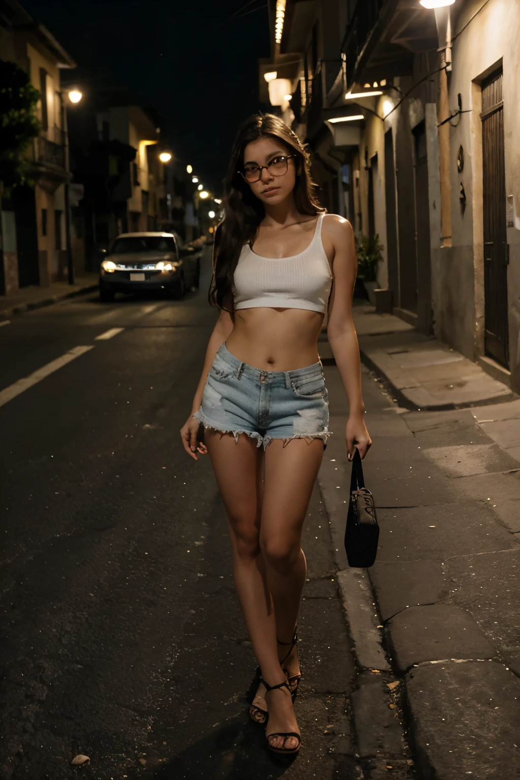 girl 18 years old, pelo moreno largo, ojos marrones, gafas, tank top, minifalda plisada, tacones, Cara seria, en una calle nocturna, oscura, 8k, hdr, alta calidad