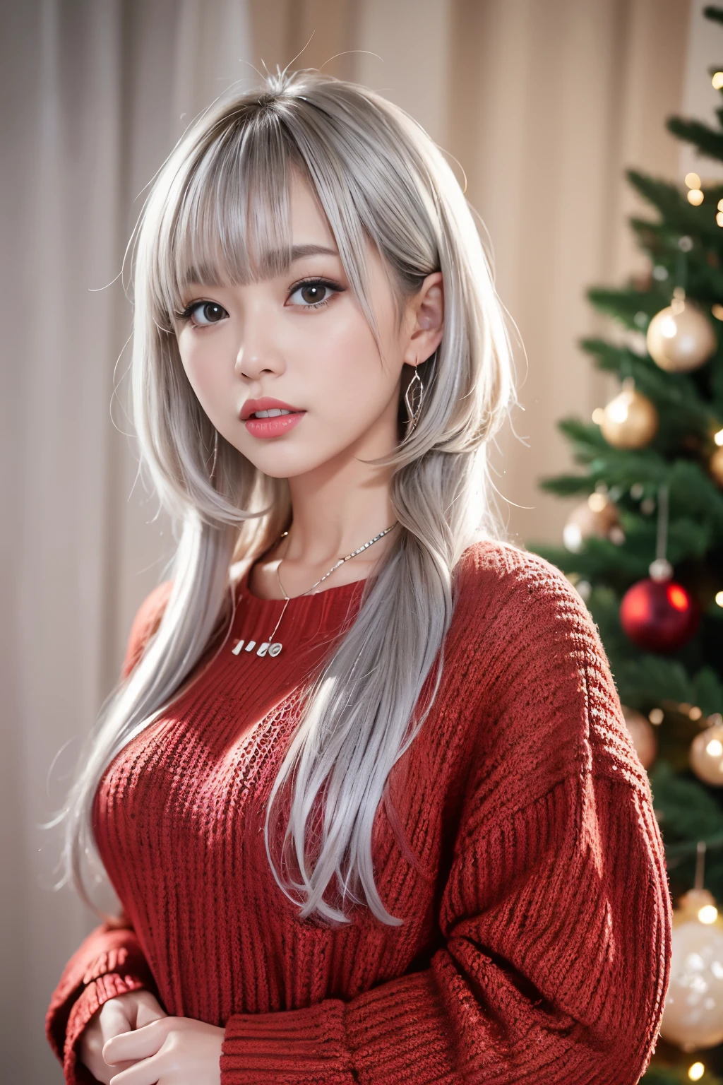 (in 8K、top-quality、masutepiece、超A high resolution:1.2) 、(Cold style:1.1) 、 (snowy city) 、Beautiful realistic Japan woman、22year old、standing front of christmas tree, Sexy Pose, short hair、Silver hair、Bangs pink silver hair,Dark skin、Brown skin、strongly tanned skin、Gal style necklace、Gal style bracelet、Gal Style Accessories, thick red lips、(oversized knitted sweater:1.3), rofessional photograpy、artistic、