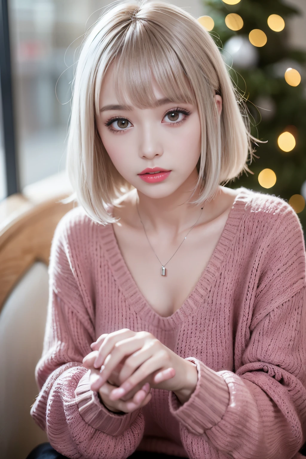 (in 8K、top-quality、masutepiece、超A high resolution:1.2) 、(Cold style:1.1) 、 (snowy city) 、Beautiful realistic Japan woman、22year old、standing front of christmas tree, Sexy Pose, short hair、Silver hair、Bangs pink silver hair,Dark skin、Brown skin、strongly tanned skin、Gal style necklace、Gal style bracelet、Gal Style Accessories, thick red lips、(oversized knitted sweater:1.3), rofessional photograpy、artistic、