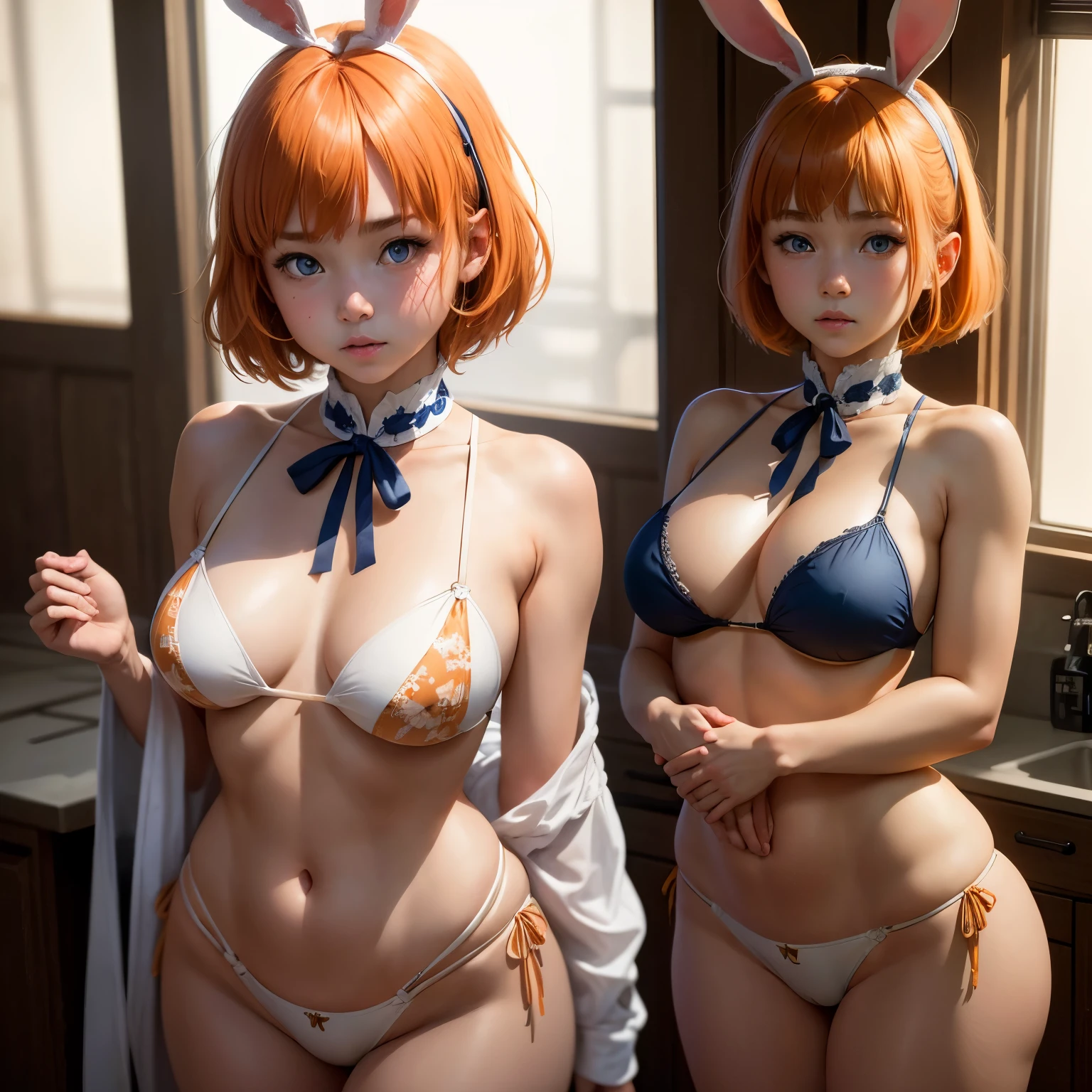 8k, masterpiece, best quality, realistic, higly detailed, cowboy shot, 1girl, solo, Yotsuba Nakano, fair-skin, age girl, short straight hair that stops just around neck, light-orange hair, bunny ear-shaped ribbon, dark blue eyes, average height, well-endowed figure, large breasts, Chastityer