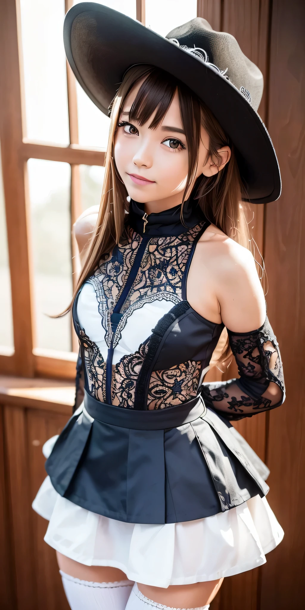 (((profesional: Paso a paso, taking into account even the smallest detail, Resultado final a nivel de Dios, imagen: todos los detalles intrincados, todo el cuerpo con detalles intrincados, solamente 1girl, Disparo de vaquero)))): "Traje original, 1girl, solamente, Cabello largo, muslosaltos, blue muslosaltos, They are smiling, Zettai Ryouiki, arms behind back, Mirando al espectador, leaning forward, Mangas separadas, falda, "