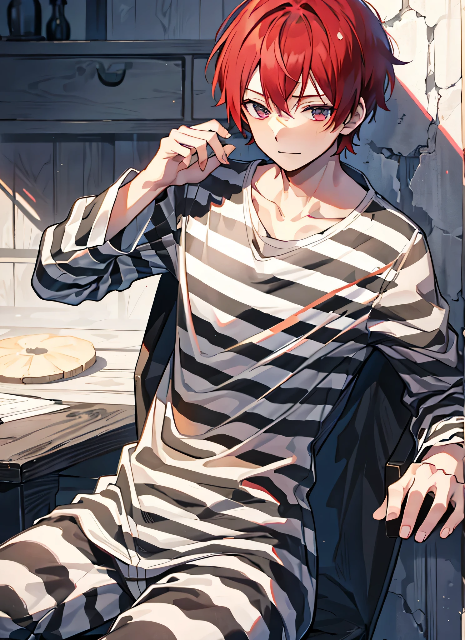 1boy, Handsome man, Solo,Very short red hair, red hair, up looking_で_viewer, ((masutepiece,Best Quality)), Beautiful detailed eyes, beautifull detailed face、Sleepy face、sleepy expression、A slight smile, (((priclothes))), (((striped clothes))), shirt, outfit, (long sleeves), prisoner, clothes, clothing, black and white stripes, prison cell, young, tight clothes,