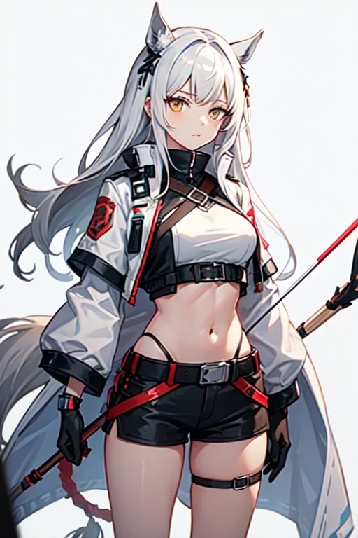 best quality, masterpiece, highres, solo, {platinum_arknights:1.15}, long_hair, bangs, white_hair, yellow_eyes, upper_body, very_long_hair, brown_eyes, 1girl, looking_at_viewer, midriff, shorts, white_shorts, simple_background, black_gloves, gloves, jacket, navel, short_shorts, white_background, white_jacket, long_sleeves, cowboy_shot, closed_mouth, belt, stomach, tail, horse_girl, horse_tail, sidelocks, standing, bow archer