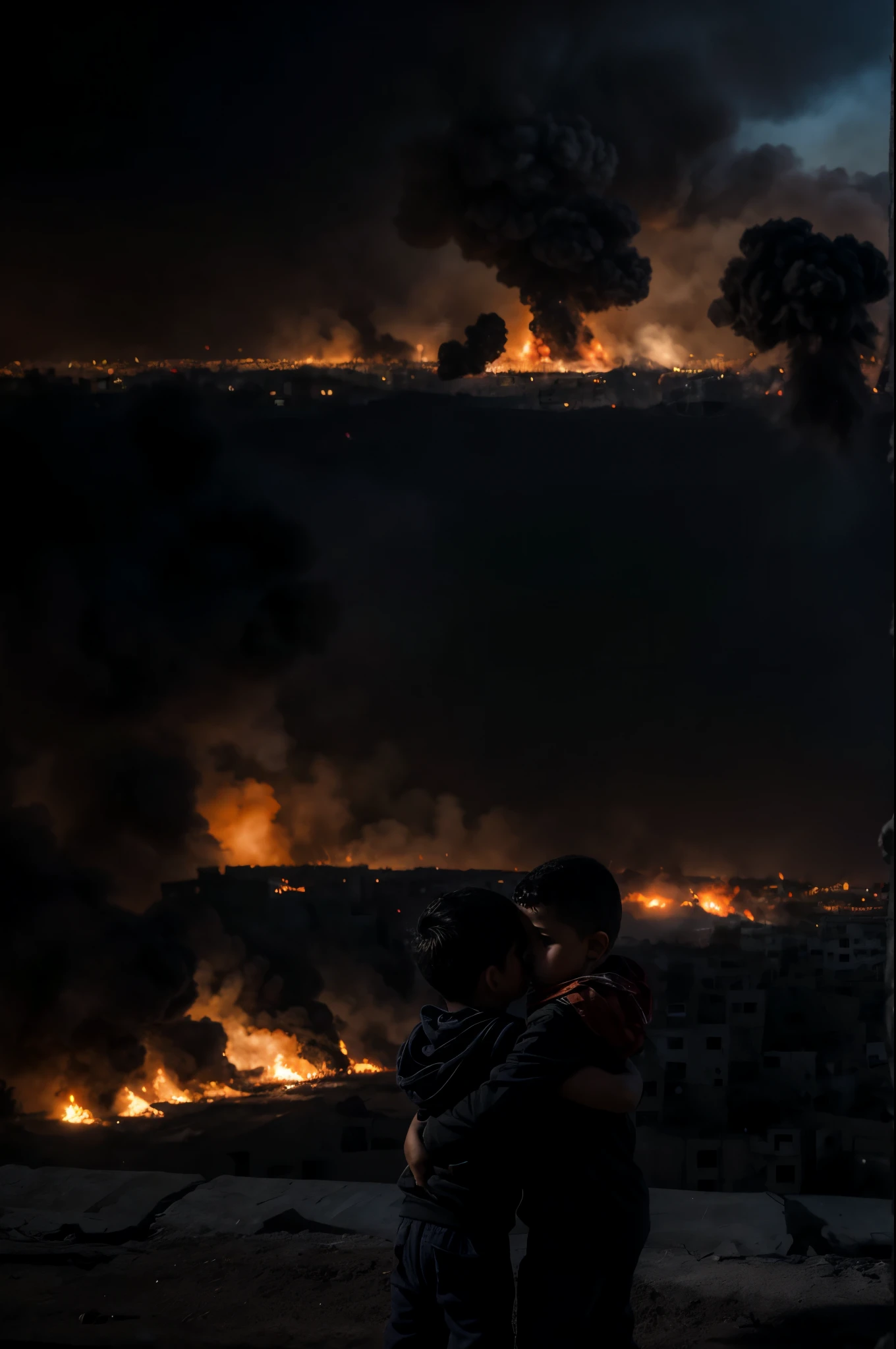 (obra maestra), (hiperrealista), (8k), little boy and girl 4 years,  palestinos primer plano, rostros llorando, ciudad de Gaza destruida, ciudad en escombros, fuego E incendios, dramatic scene, guerra en Palestina, ropas Palestina, colores palestinos, ciudad bombardeada.