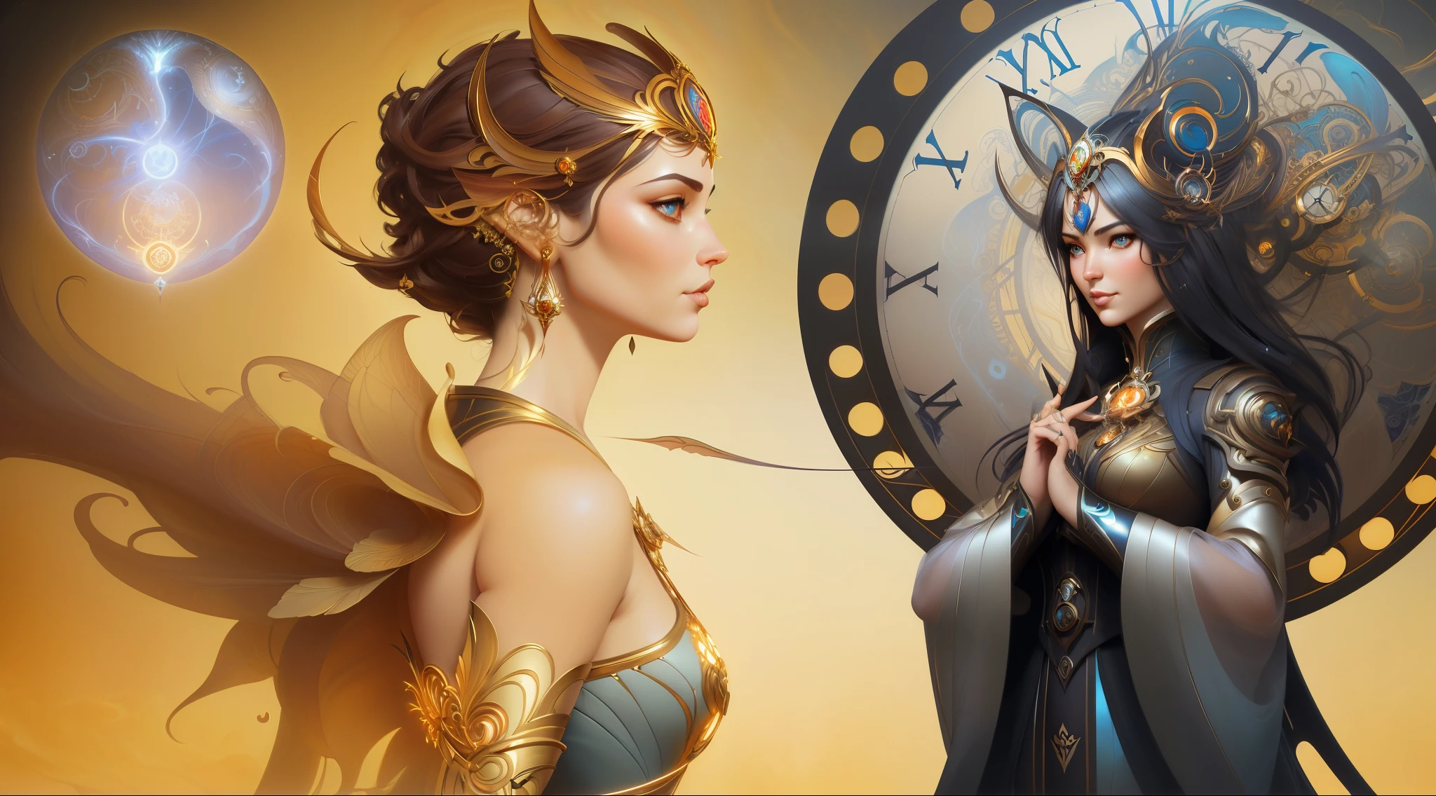 there is a woman with a clock and a clock face, fantasy art behance, hyperrealistic art nouveau, karol bak and peter mohrbacher, michael cheval (unreal engine, karol bak uhd, exquisite digital illustration, style ivan talavera and artgerm, artgerm and tom bagshaw, hyperrealistic fantasy art