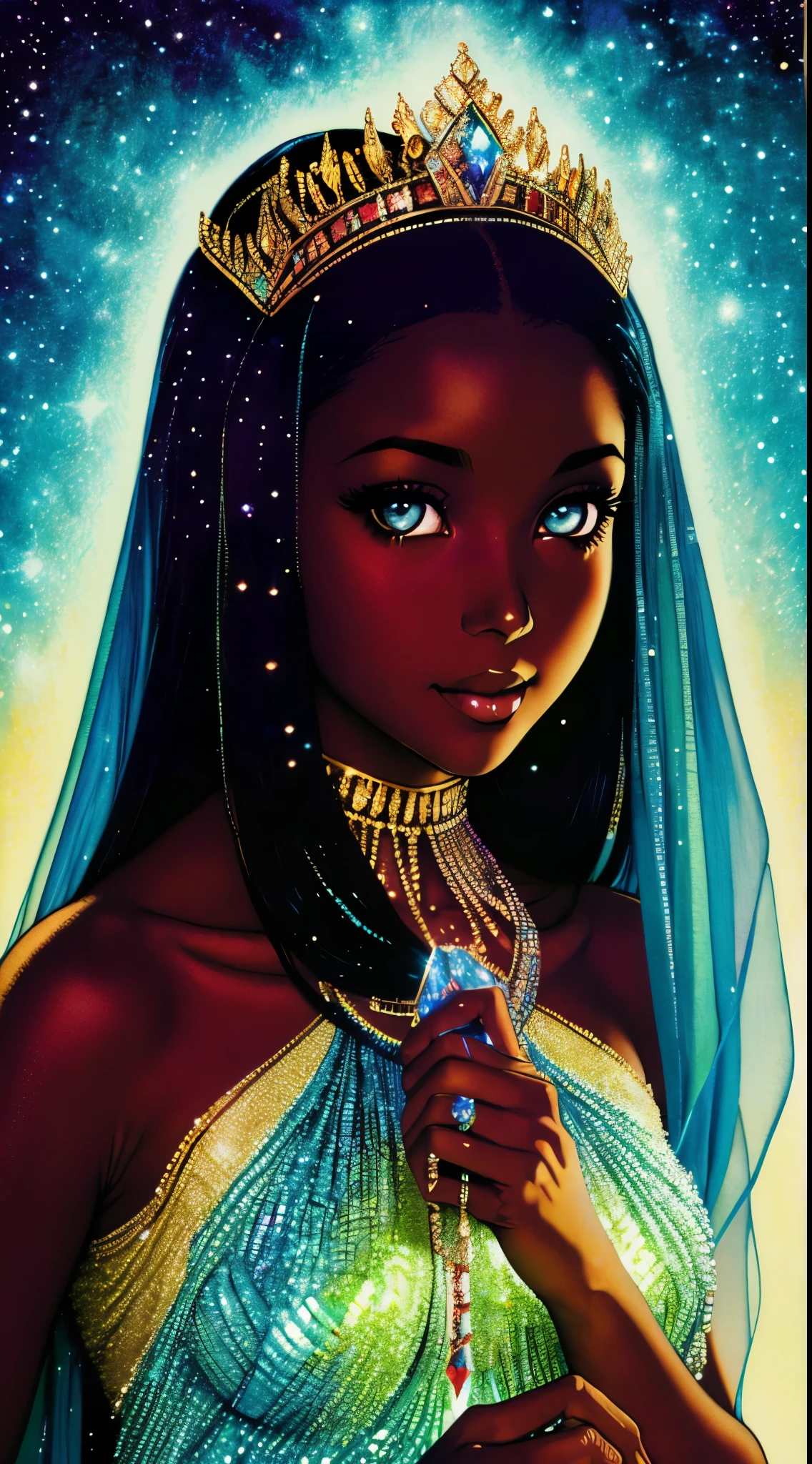 Impressionism drawing of a glamorous black Sudanese queen with dark skin, soft hair, wearing a modern gossamer couture crystal colored dress with a jeweled corset, sparkling eyes, she’s holding a colorful crystal that is prismatic, she is surrounded by small crystals blurred, shimmering, photorealistic facial features, dark pastel iridescent colors, mystical surrealism, crystalcore, fujifilm superia --ar 2:3 .0, manga art style, bokeh, by norman rockwell --v 6