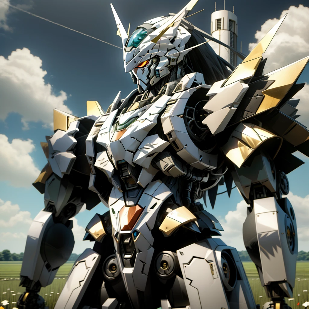 a close-up of a robot standing in a field with a sky background, Anime mecha moderno, Estilo de mecha legal, mecha anime, an anime large mecha robot, mecha branco, ferra mecha branco, tremendous mecha robot, Arte Mecha, alexandre ferra mecha branco, # Mecha, Terno Mecha