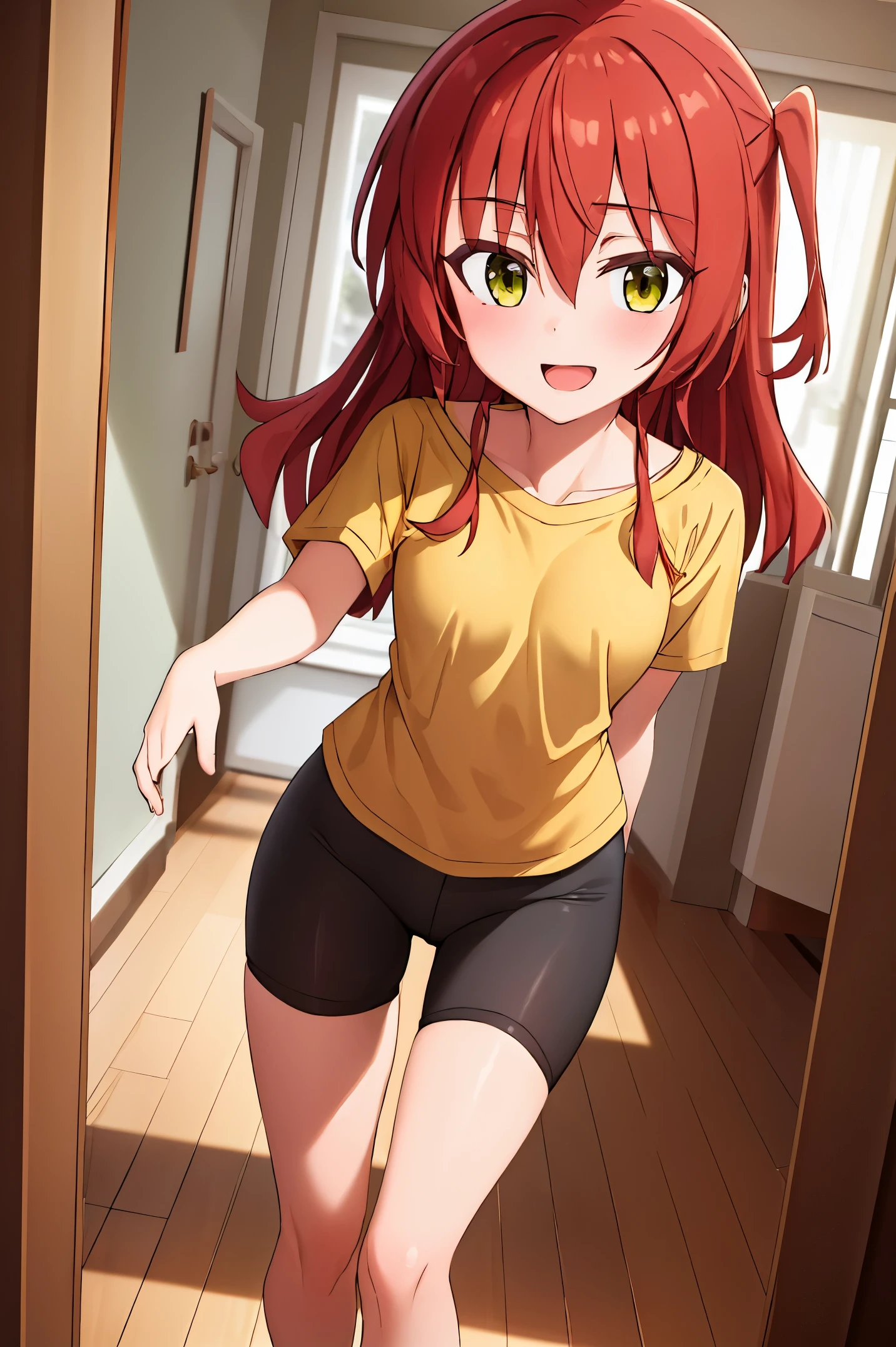 Room, 1 girl, best quality, ultra high res, long hair, red hair, green eyes, yellow shirt, short sleeves, bike shorts, looking at viewers, small breast, standing, pov, slim body, body, small body, smile, open mouth,