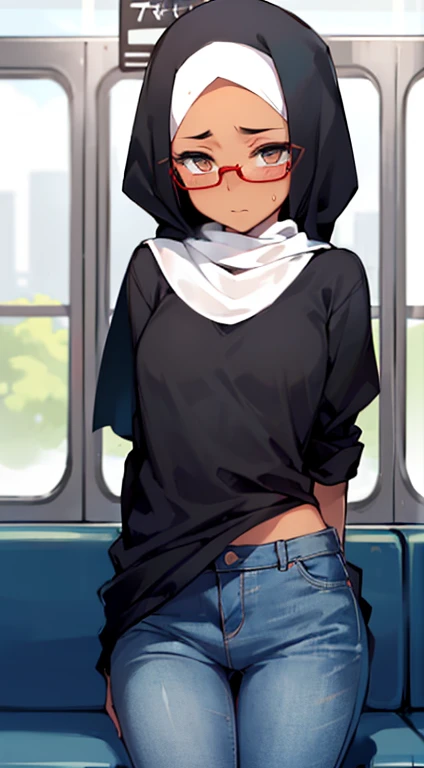(((pov breast))), ((close up image)), Photo of a asian female with small breasts (((fellatio))) inside (commuter train), 20yo, petite, skinny, slender body, short body, (tanned skin), dimples, light, detailed face, embarrassed face, ((looking disgusted)), ((very angry)), (dissapointed), ((kneeling down)), Perfect breasts, tiny breasts, flat breast, flat chest, natural breasts, A cup, (((hijab))), (((glasses))),(((polka dots sorella bra))), (sweat)