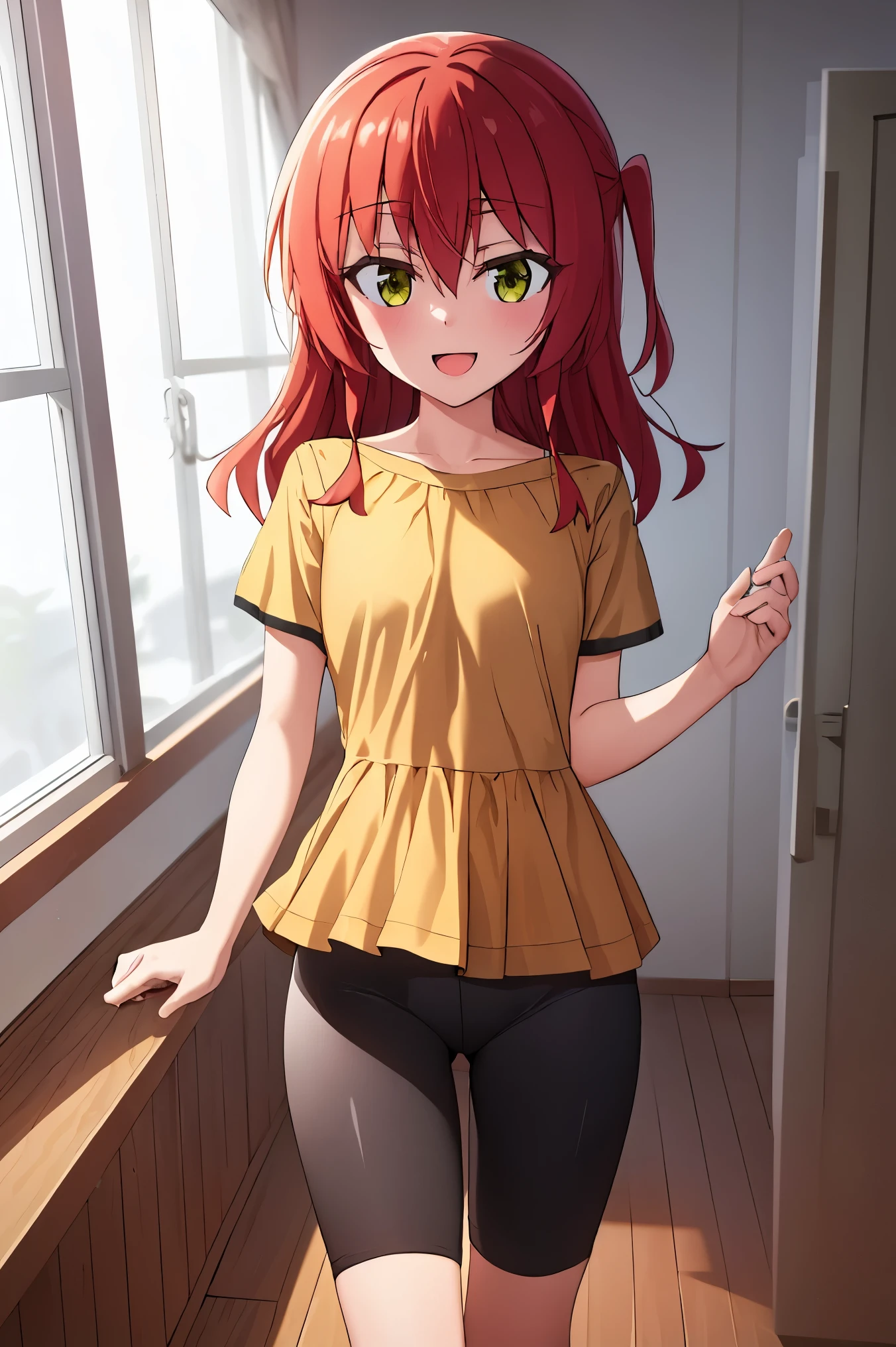 Room, 1 girl, best quality, ultra high res, long hair, red hair, green eyes, yellow shirt, short sleeves, bike shorts, looking at viewers, small breast, standing, pov, slim body, loli body, small body, smile, open mouth,