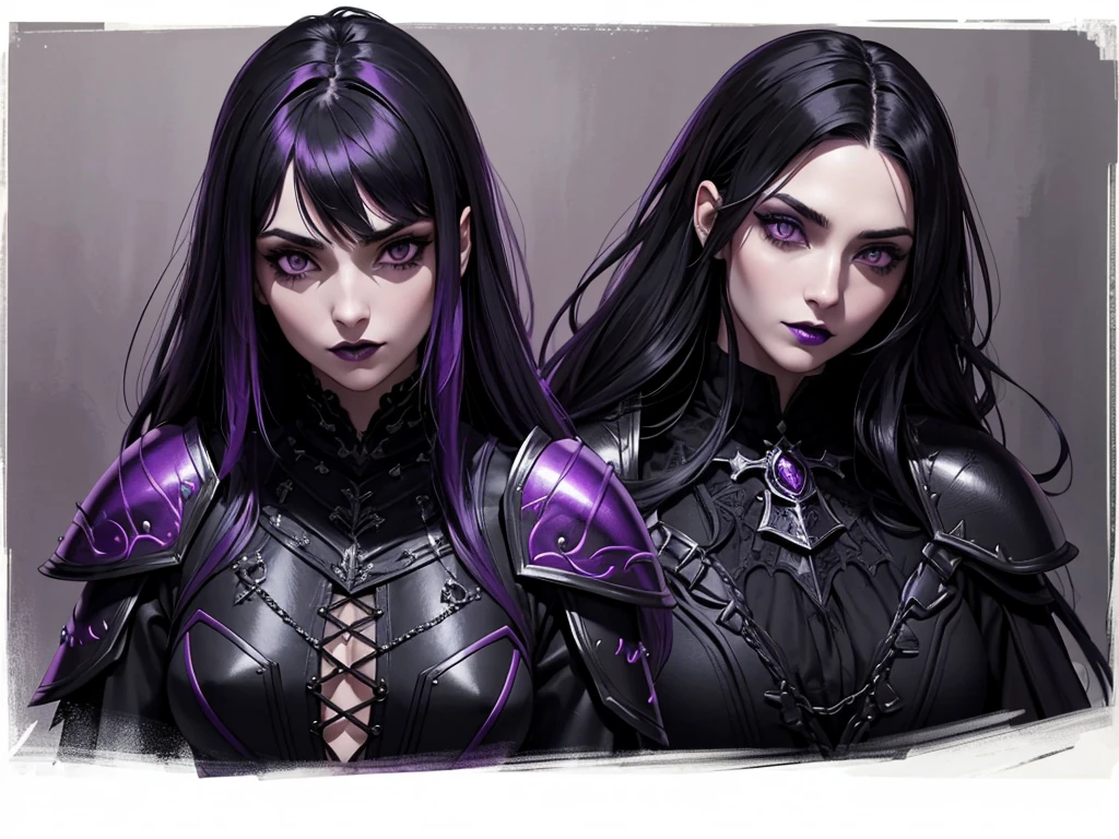 A vampire wizard character wearing very detailed and beautiful gothic armor in black and purple colors. Seu cabelo com corte em estilo curto, black lip color, cor roxa dos olhos;, manto, capuz, caminhando, 8k, Magnificent, Black and purple Gothic armor, capa