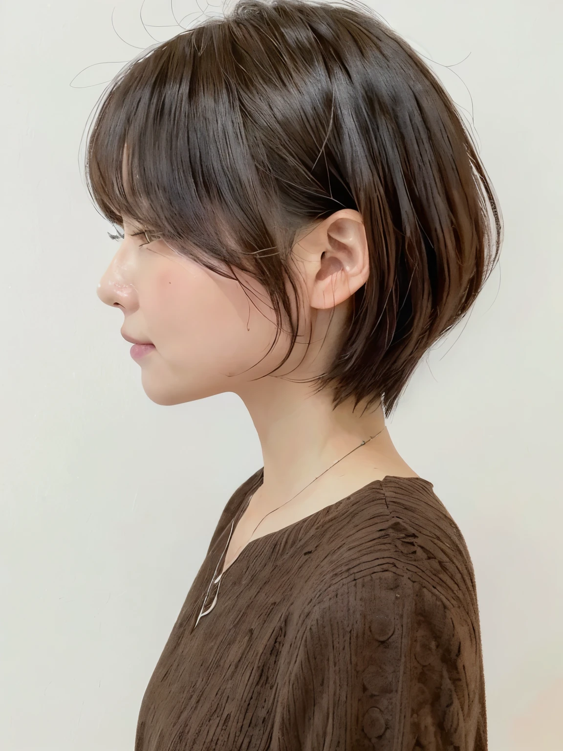 ((top-quality、8K、masterpiece:1.3))超A high resolution、(Photorealsitic:1.4)、Raw foto、1人のjapanes女性、japanes,(详细的脸)、realisitic、Shot in natural light、Highly detailed facial and skin texture、very detailed lips、The correct state of the human body、Autumn clothes、Winter clothes、 Necklace、white walls、Taken in front of the white door、(窓のあるwhite wallsの部屋)、Short hair、(Dark brown short-cut hair)、Pose Barriada Beautiful profile:1.3)、Don't look at the camera
