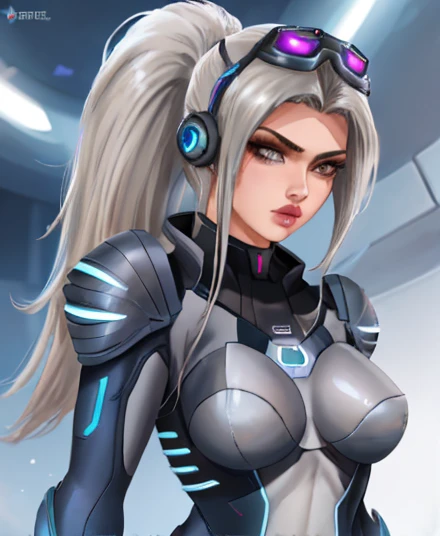 Imagem da widowmaker nova star craft, mulher loira de cabelo com ravo de cavalo longo, rosto ultra-detalhado, realista, Head-mounted display, rouba toda branca e bege, armadura preta, sniper, neon lights