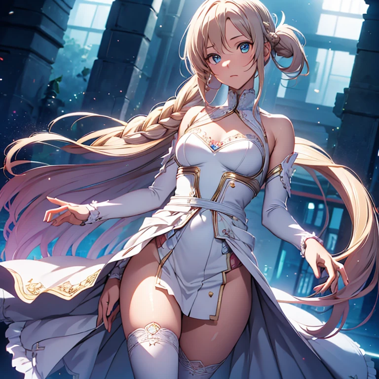 hatsune Miku、(ultra Realistic), (An illustration), (Highres), (8K), (highlydetailed), (the best illustration), (Beautiful Detailed Eyes), (beste Quality), (Super Detailed), (Master peace), (Wallpapers), (Detailed Face), solo, 1girl, Aristocratic dresses、White hair, Iris heterochromatic eyes, small moles under eye, medium chest, Long legs,Stunning composition,Foot braids,Beautiful and detailed legs