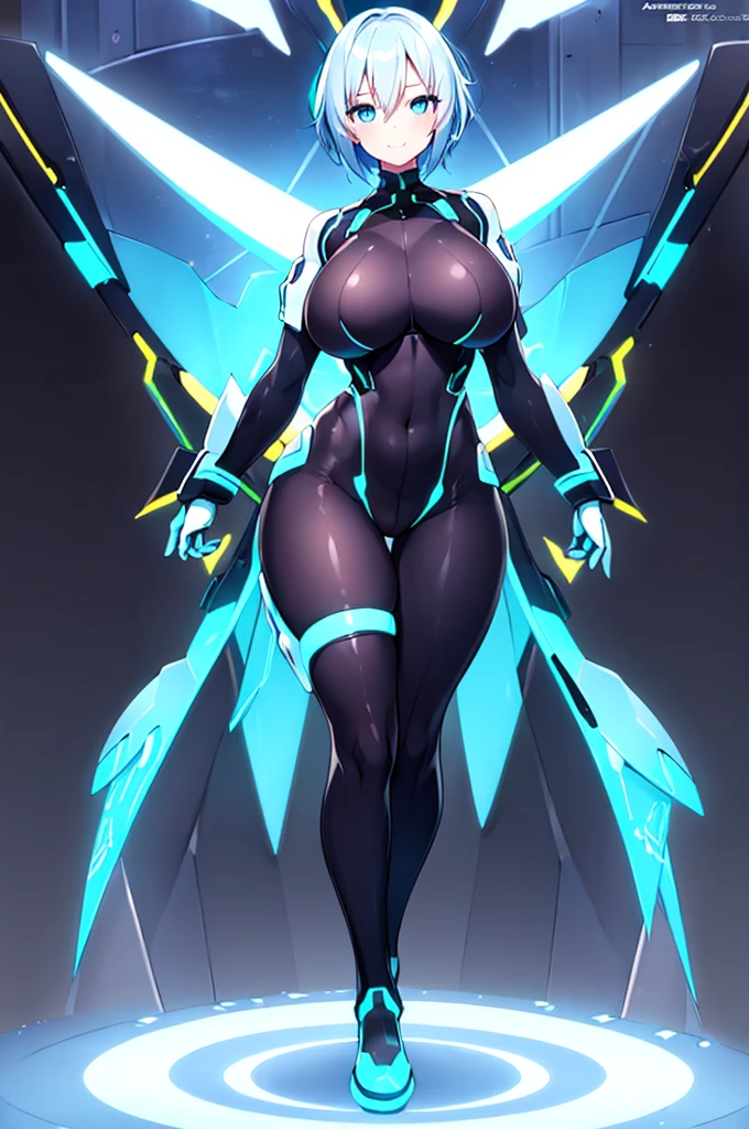 1girl, white skin, light skin, smile, light smile, blue hair, short hair, blue eyes, large breasts, breasts, wide hips, black bodysuit, bodysuit, sleeves, short sleeves, pantyhose, futuristic, science-fiction, neon trim, neon, full_body, ((full body)), standing