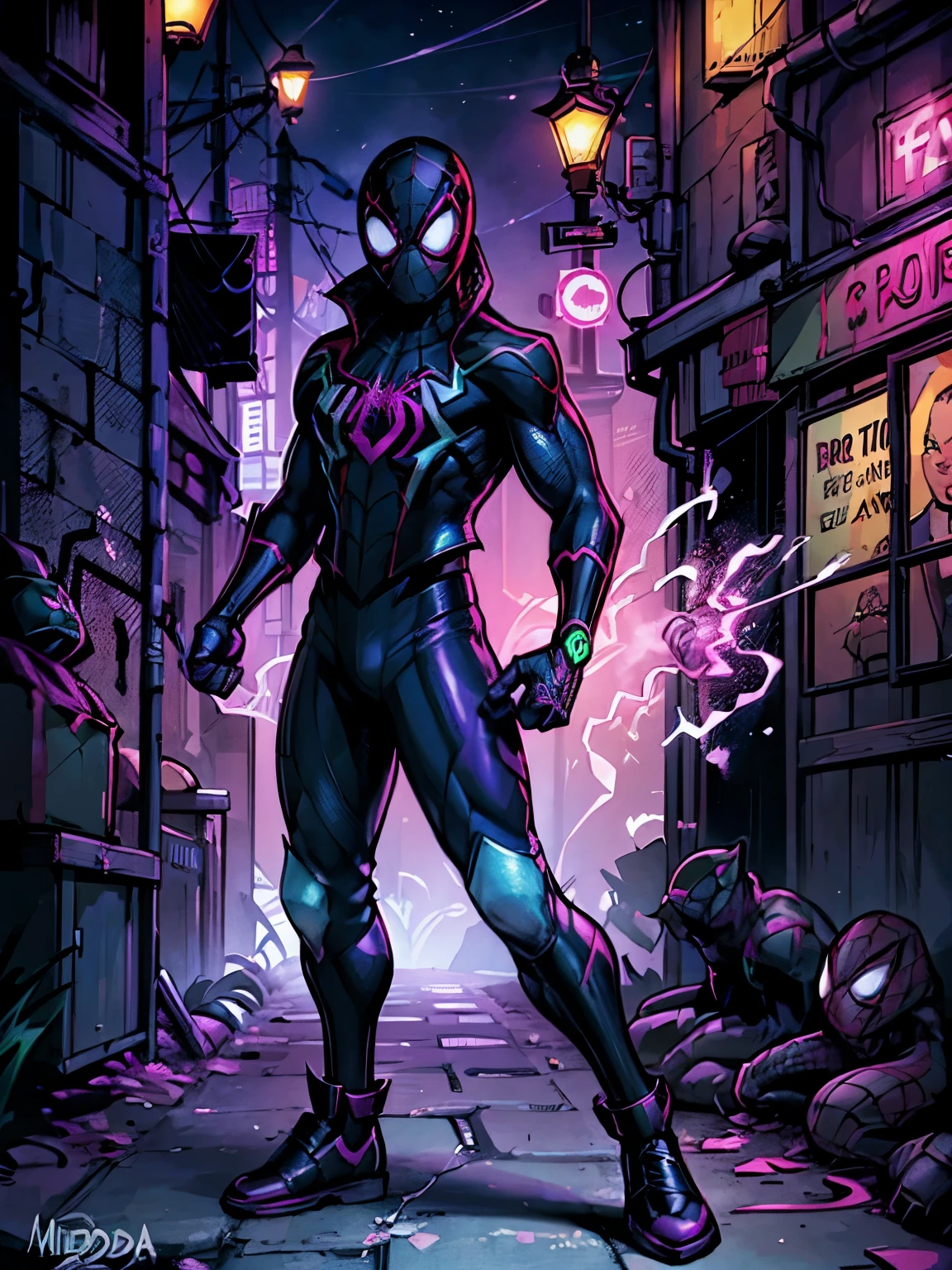 (((My Academic Style Hero))), 1child, Miles Morales, Merodeador Tierra-42, joven, Slim build, Cara cubierta, Cabeza cubierta, Hero suit, Black suit with neon green lines, short purple long-sleeved jacket with neon magenta details, WMASK, WMASK with neon magenta details, black WMASK, WMASK with green eyes, WMASK, Cara cubierta, Cabeza cubierta, ((Spiderman al estilo Spiderverse)), black baggy pants with neon magenta details, Black sneakers with neon green and neon magenta details, mechanical guanteletes plateados metalizados con garras on the fingers, mechanical gauntlets with neon magenta light details, guanteletes plateados metalizados con garras, garras de plata, manos medio cerradas, chaqueta deportiva corta, jacket with neon magenta details, ((El espectacular estilo de la serie Spiderman)), Perfect anatomy, Manos perfectas, Super detailed, En pie, En pie pose, Disparo de vaquero, Disparo de vaquero pose, (Foto de cuerpo entero:1.5), callejones oscuros en el fondo, dark alley with detalles azules y rojos en el fondo, detalles azules y rojos en el fondo, alley in the background,