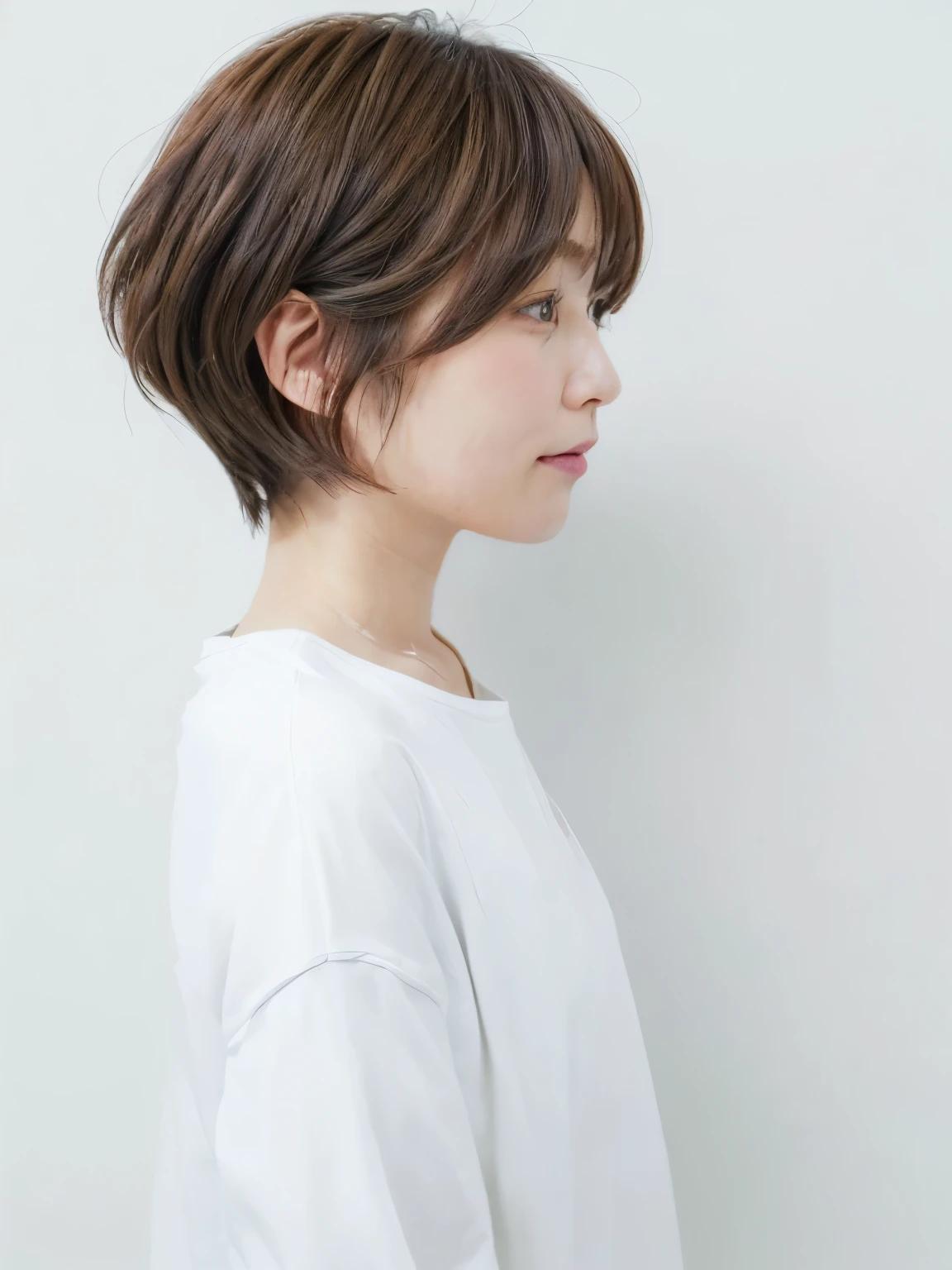 ((top-quality、8K、masterpiece:1.3))超A high resolution、(Photorealsitic:1.4)、Raw foto、1人のjapanes女性、japanes,(详细的脸)、realisitic、Shot in natural light、Highly detailed facial and skin texture、very detailed lips、The correct state of the human body、Autumn clothes、Winter clothes、 Necklace、white walls、Taken in front of the white door、(窓のあるwhite wallsの部屋)、Short hair、(Dark brown short-cut hair)、Pose Barriada Beautiful profile:1.3)、Don't look at the camera、Depressed