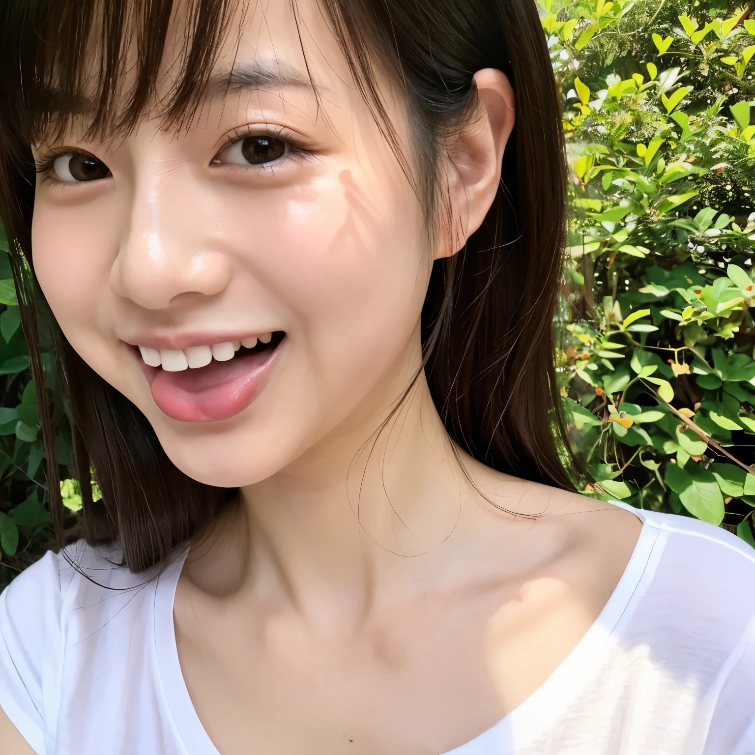 beautiful japanese,cleavage,white t-shirt,excessive cum on face,bukkake on face,smile,stick out tongue