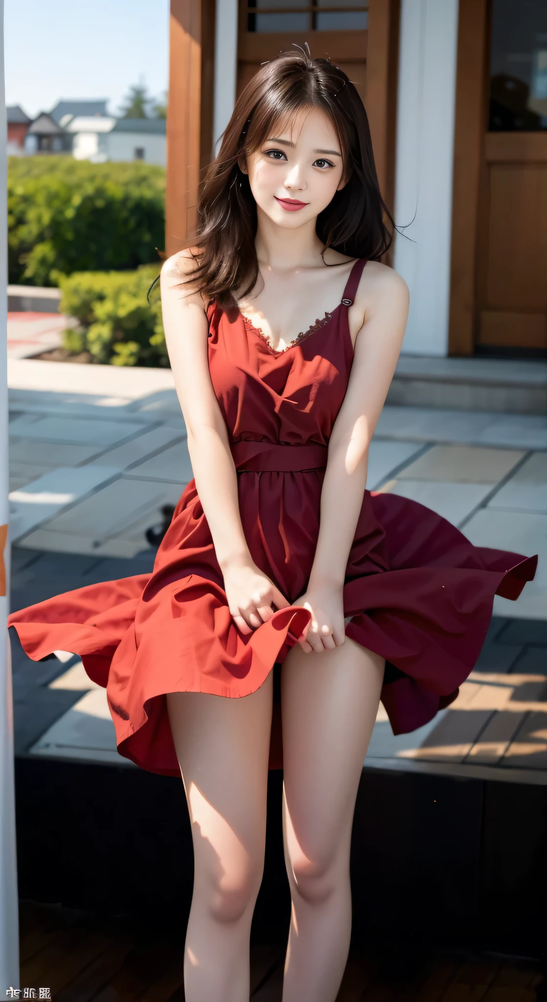 (top-quality、8K、32K、​masterpiece、nffsw:1.2)、Photo of a cute Japanese woman、(mournful smile、red blush:1.1)、Pink dress skirt with beautiful details that make the viewer stare.:1.2)}}、Detailed legs、(Spread legs:0.9)、(Lace pantie:0.9)、{{(wind lift:1.6)}}、full body Esbian、the wind、城市、outside of house