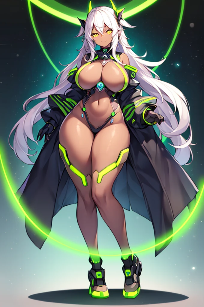 1girl, dark-skinned female, breasts, large breasts, wide hips, white hair, long hair, yellow eyes, smile, smirk, smug, sleeves, short sleeves, bodysuit, pantyhose, futuristic, science-fiction, neon trim, neon, full body, ((full body)), standing, green neon trim,