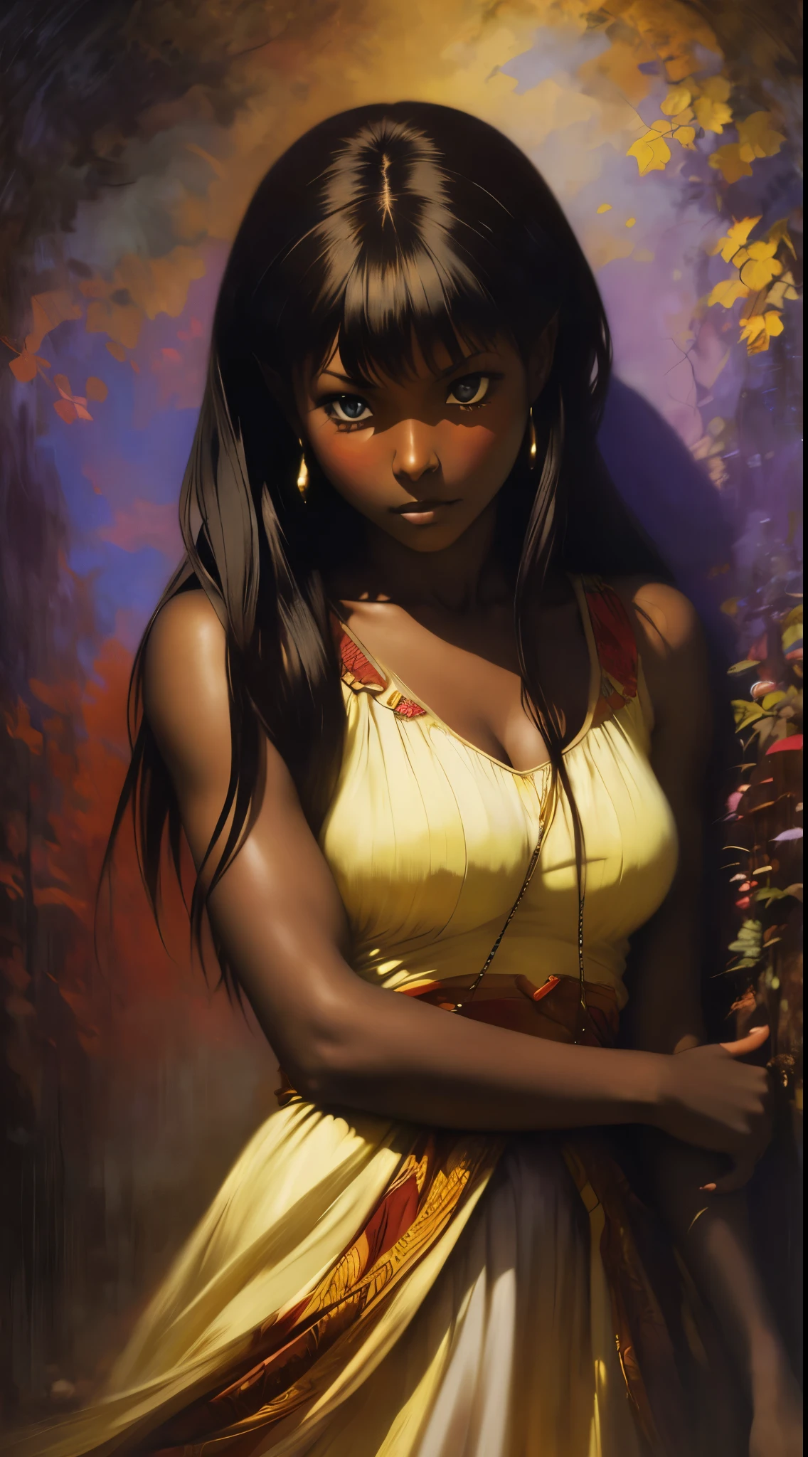((Solo Beautiful Carribean woman with dark skin and striking eyes)),  shadowed interior background, art by akihiko yoshida, manga art style, colorfield illustration, scary atmosphere, global illumination, by frank frazetta, art by goro fujita, banner, blur, anime key visual, (blue, yellow and gray colors), photorealistic,  dramatic, anime girl, ((african american features, ebony nose)) , black hair, intricately detailed, chiaroscuro, pino daeni, impressionist (best quality, masterpiece)