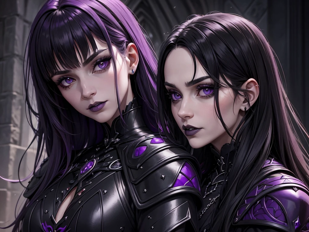 A vampire wizard character wearing very detailed and beautiful gothic armor in black and purple colors. Seu cabelo com corte em estilo curto, black lip color, cor roxa dos olhos;, manto, capuz, caminhando, 8k, Magnificent, Black and purple Gothic armor, capa