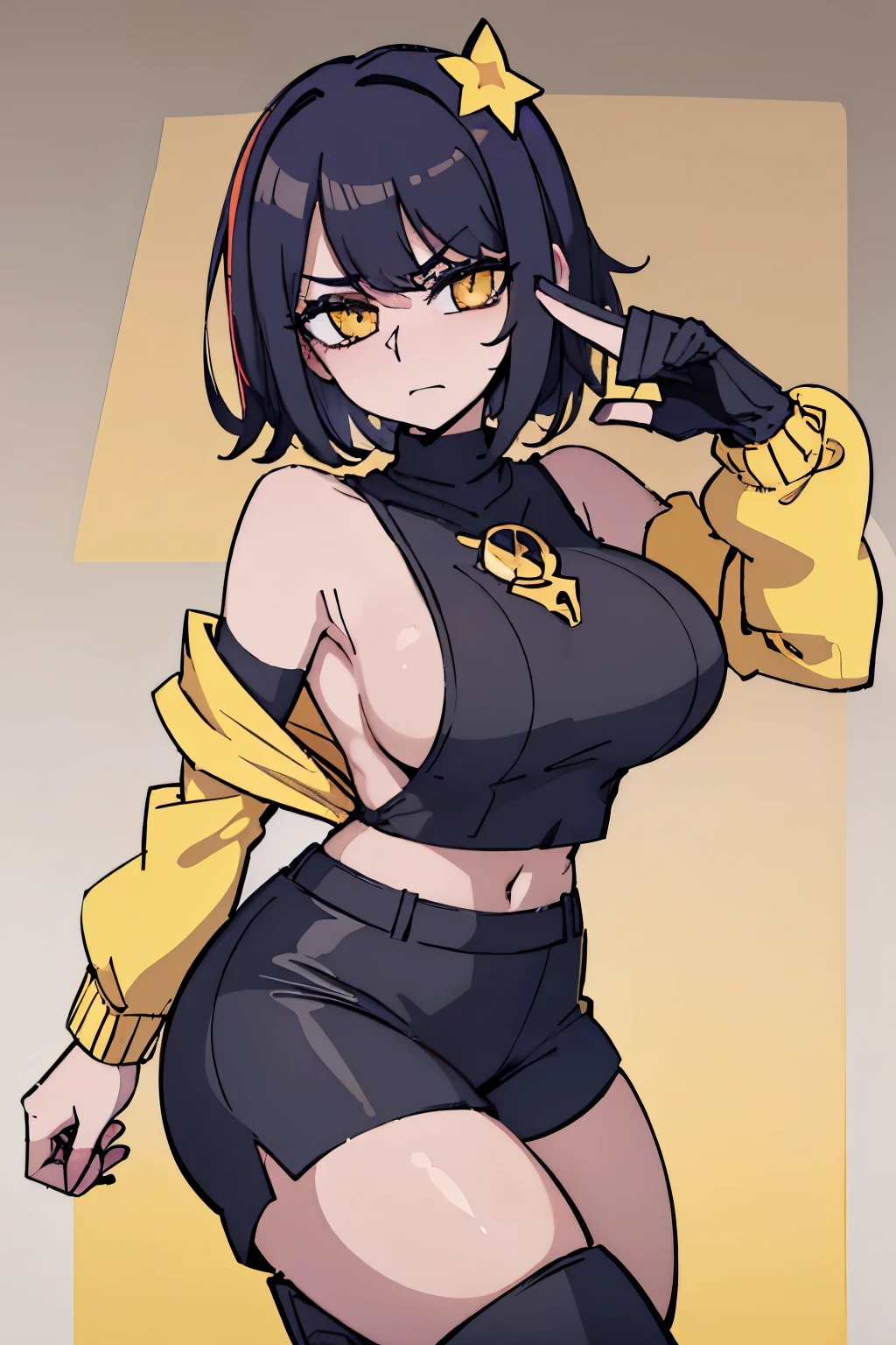 short (messy hair) (masterpiece), best quality perfect face beautiful girl, feminine, defined curves, cinematic, aesthetic, shadows, gorgeous, amazing, cute girl (busty) medium breasts (perky) (large ass) (bubble butt) barefoot, dark purple galaxy hair, detached sleeves bare shoulders, defined abdomen, sleeveless (thick thighs), (masterpiece), best quality, expressive eyes, (yellow eyes:1.3) ringed eyes, (black and yellow sweater), turtleneck sweater, sideboob, tight black shorts, star-shaped pupils, (stars in hair), attractivelegs, stars on clothing, triangular lower eyelashes, purple eyelashes, yellow hair highlight