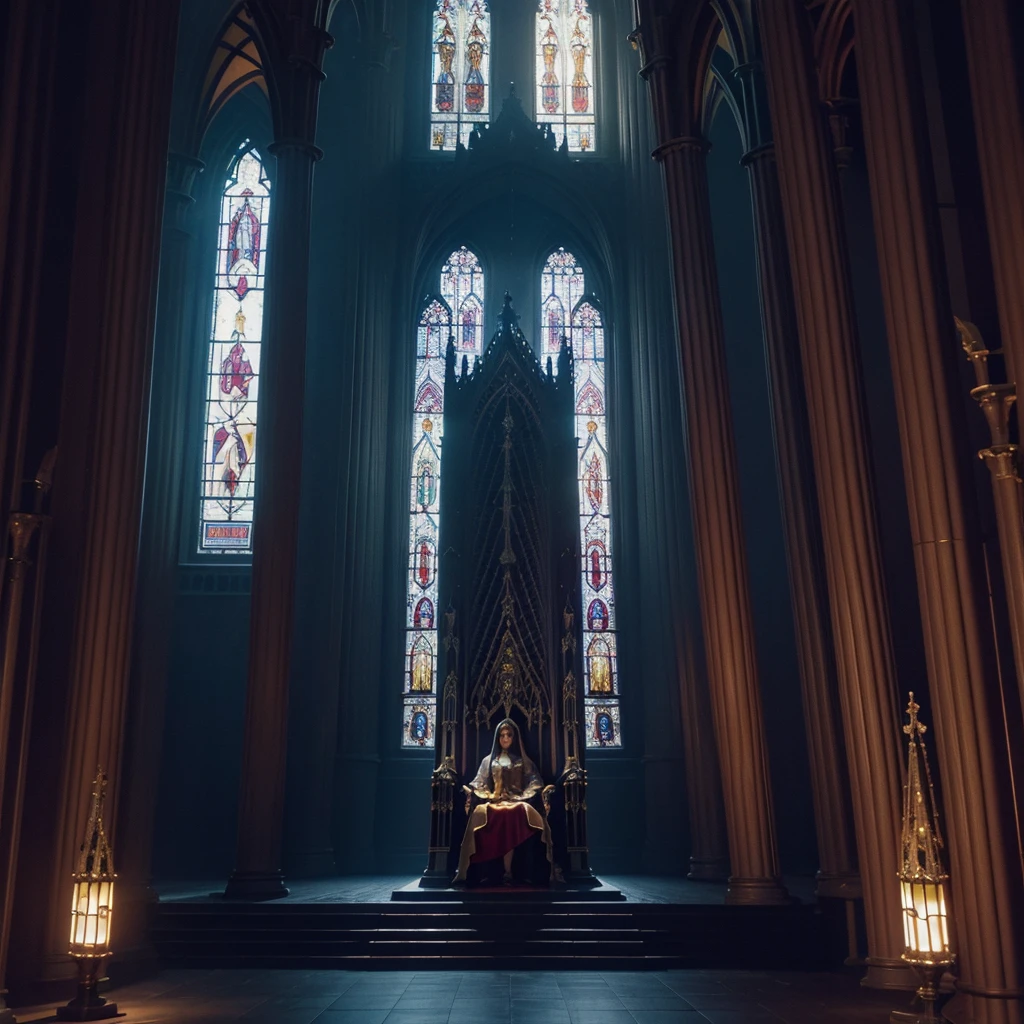 dutch angle, from side, from below | low angle, throne room, stained-glass window at the back, tall archways, raised dais, throne on platform on raised platform, godrays, eerie, queen sitting regally with a blade resting on her lap