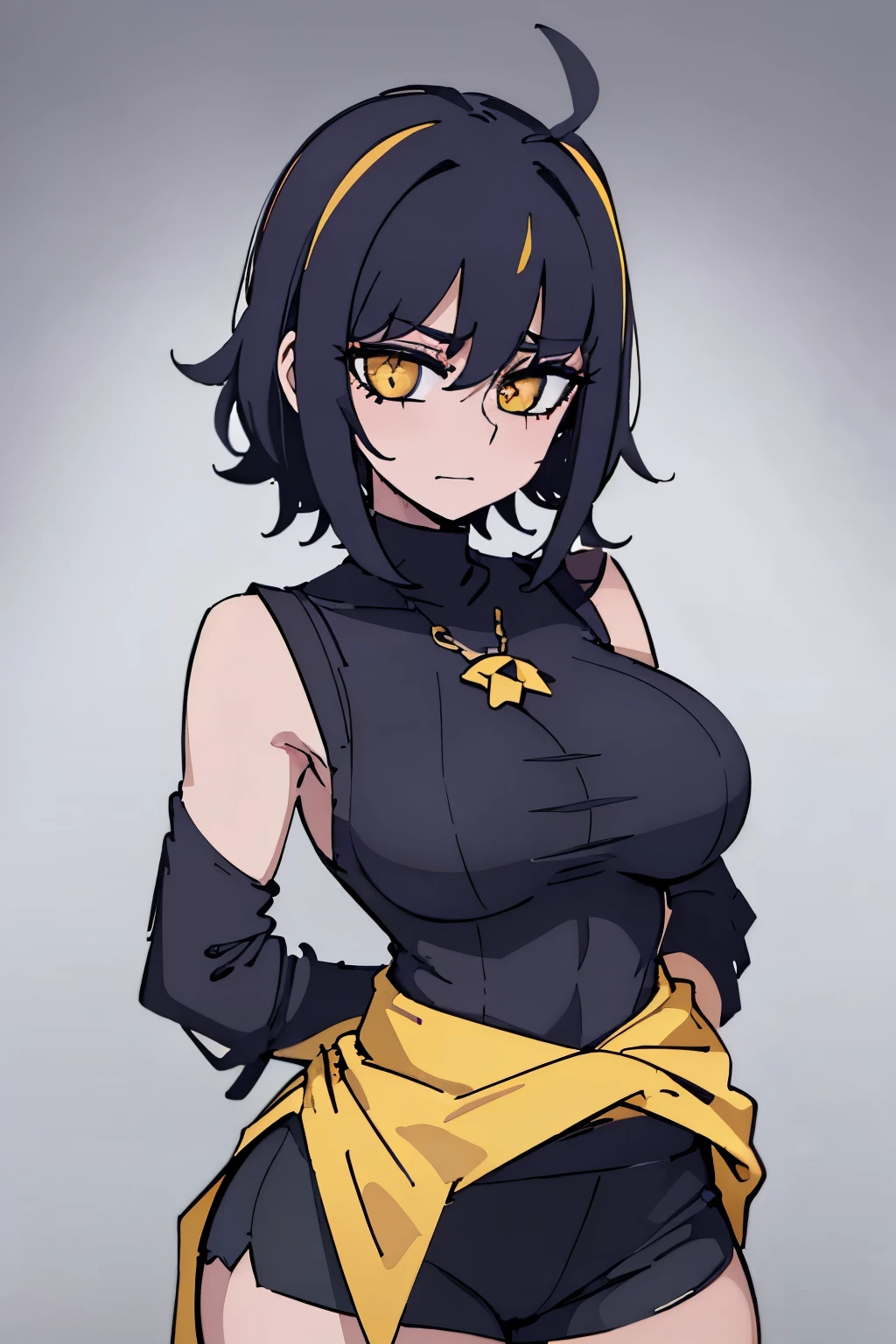 short (messy hair) (masterpiece), best quality perfect face beautiful girl, feminine, defined curves, cinematic, aesthetic, shadows, gorgeous, amazing, cute girl (busty) medium breasts (perky) (large ass) (bubble butt) barefoot, dark purple galaxy hair, detached sleeves bare shoulders, defined abdomen, sleeveless (thick thighs), (masterpiece), best quality, expressive eyes, (yellow eyes:1.3) ringed eyes, (black and yellow sweater), turtleneck sweater, sideboob, tight black shorts, star-shaped pupils, (stars in hair), attractivelegs, stars on clothing, triangular lower eyelashes, purple eyelashes, yellow hair highlight