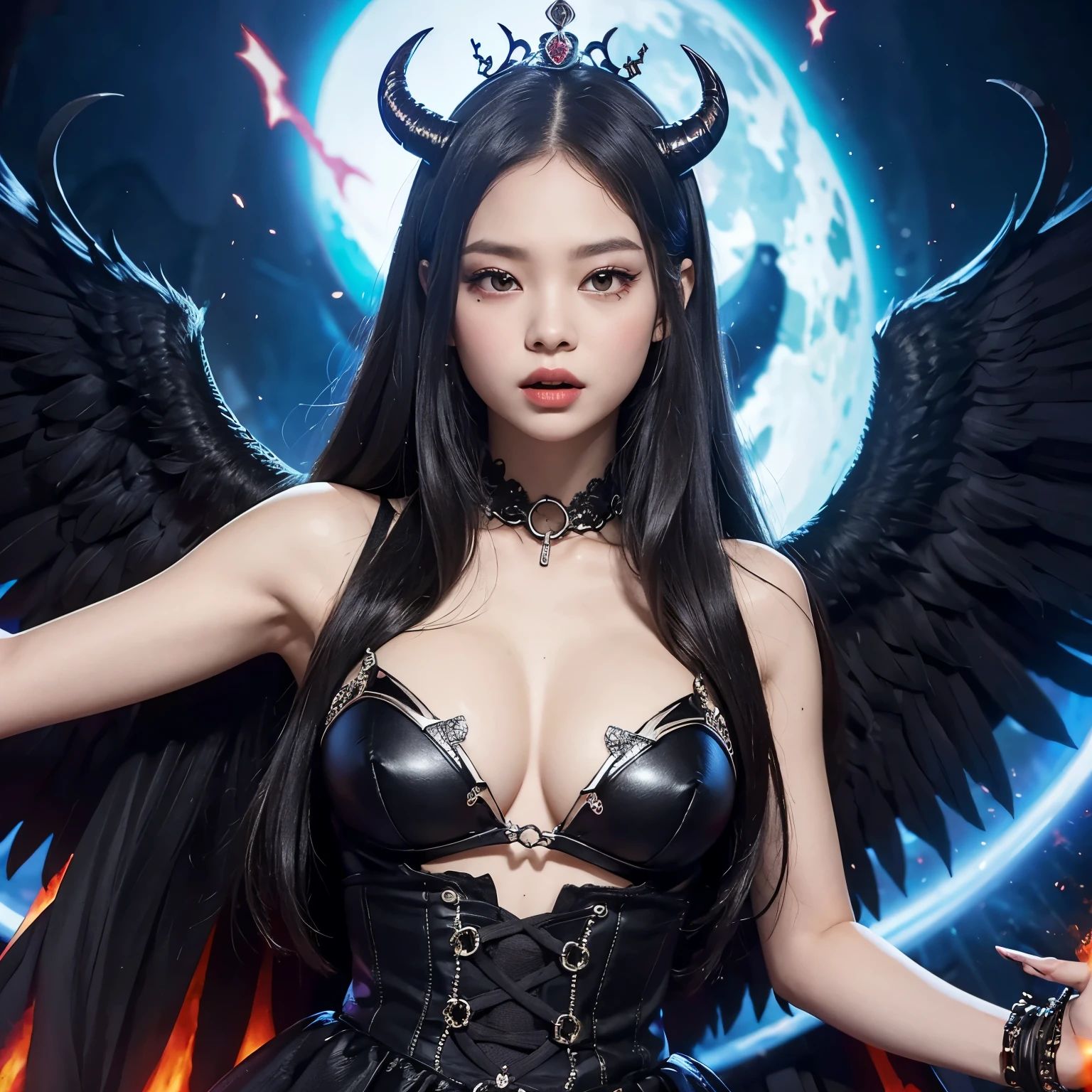 Jennie ultra detallada se encuentra sobre una pila de ruinas en llamas, Her diabolical and insidious presence radiating from her dark crown and her black and red evil queen dress.......................................................................................................... His demon wings on his back and demon horn give him an invincible aura as he unleashes a powerful wave of destruction with a brilliant tok.