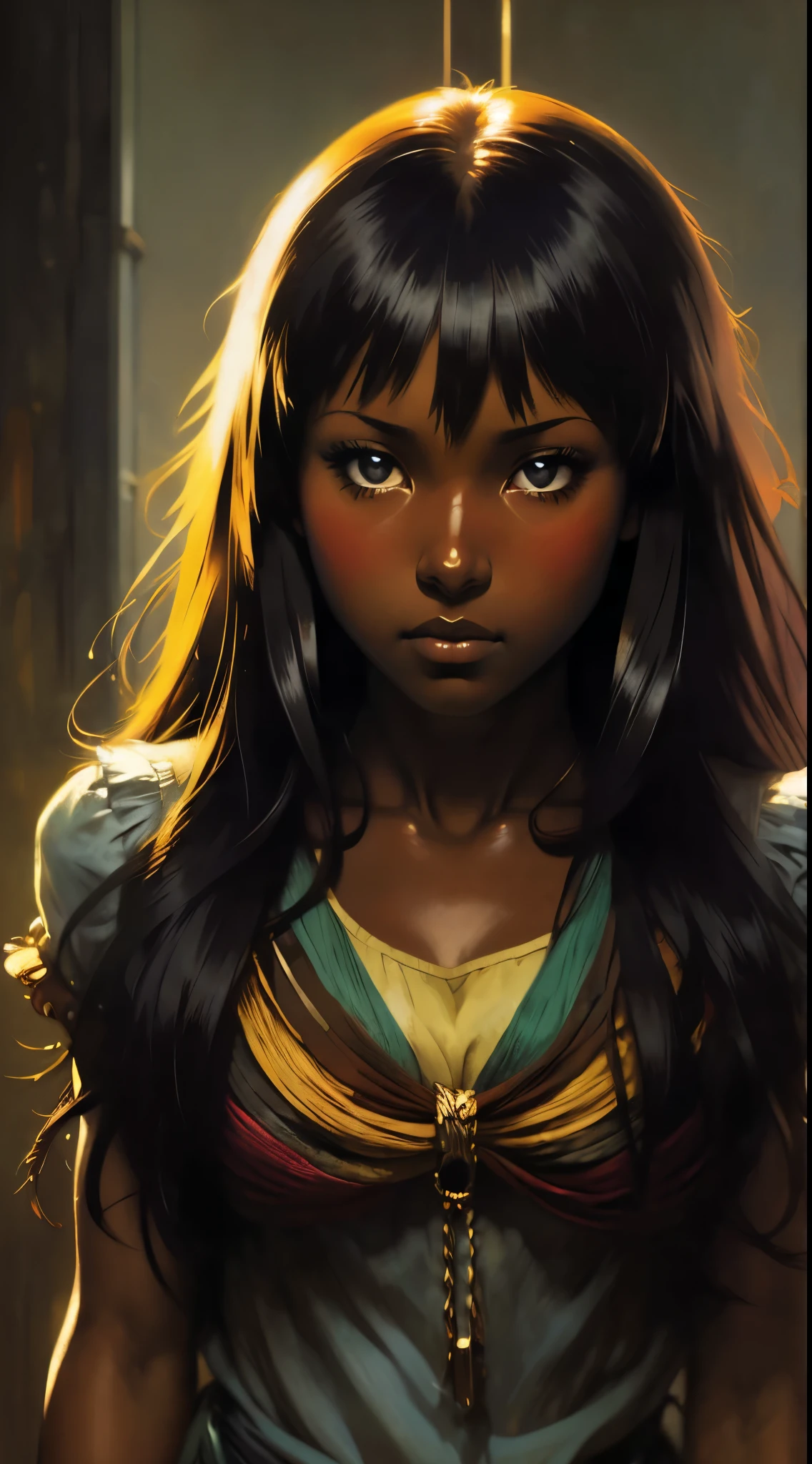 ((Solo Beautiful Carribean woman with dark skin and striking eyes)),  shadowed interior background, art by akihiko yoshida, manga art style, colorfield illustration, scary atmosphere, global illumination, by frank frazetta, art by goro fujita, banner, blur, anime key visual, (blue, yellow and gray colors), photorealistic,  dramatic, anime girl, ((african american features, ebony nose)) , black hair, intricately detailed, chiaroscuro, pino daeni, impressionist (best quality, masterpiece)