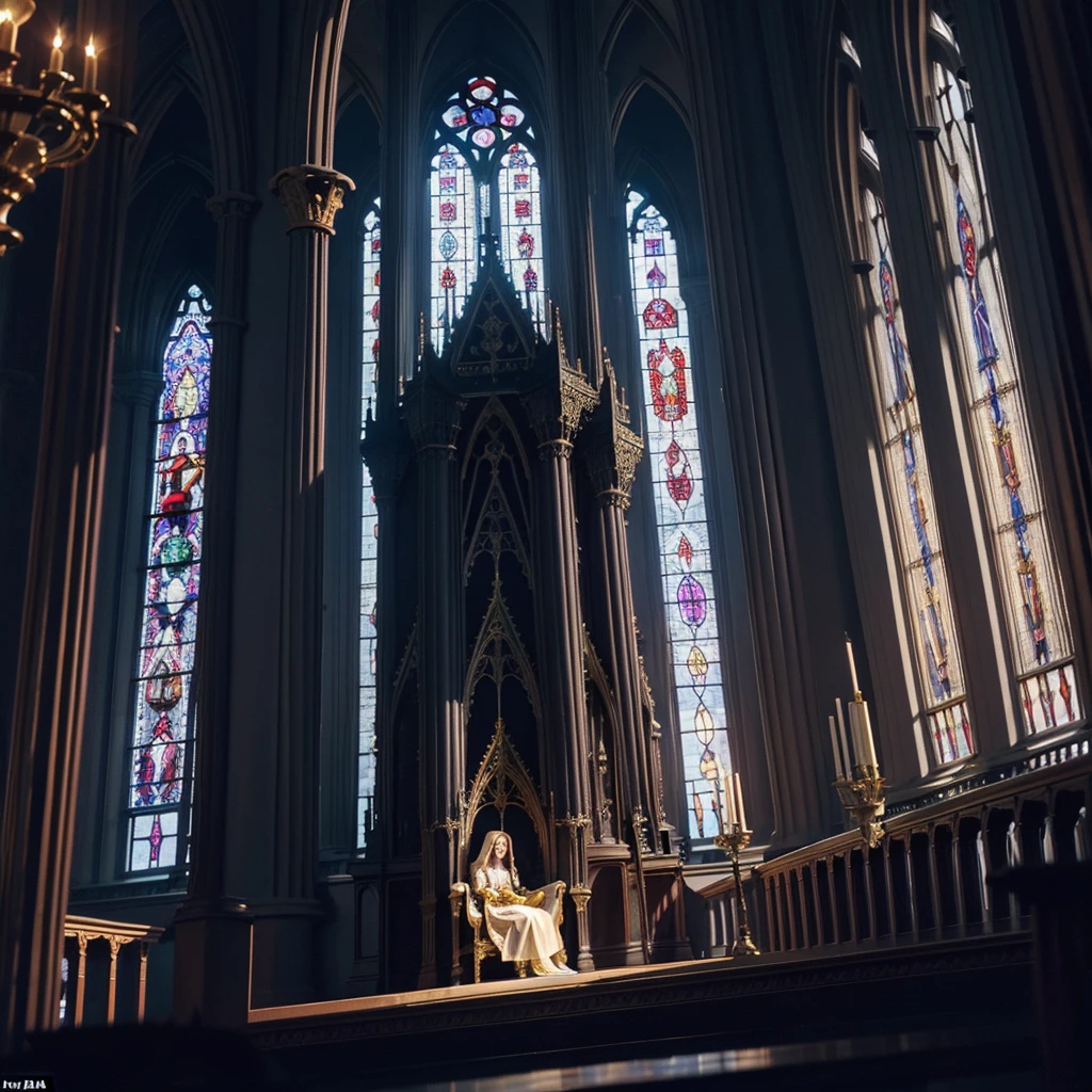 dutch angle, from side, from below | low angle, throne room, stained-glass window at the back, tall archways, raised dais, throne on platform on raised platform, godrays, eerie, queen sitting regally with a blade resting on her lap