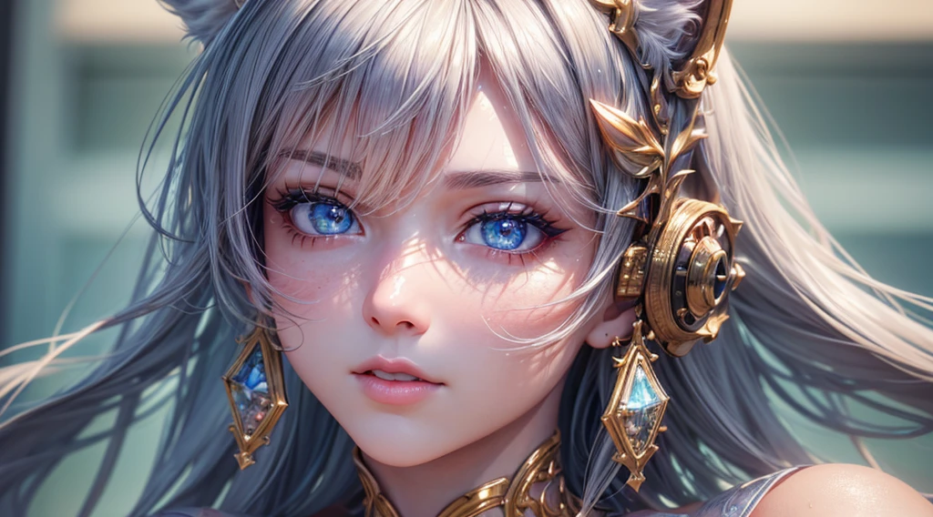 (melhor qualidade,Ultra - Detalhado,best illustration,Melhor sombra,tmasterpiece,A high resolution,ProfissionalArtwork,obras de arte famosas),Olhos detalhados,Olhos belos,clivagem em close-up,scientific fiction,esclera colorida,robot eyes,marcas faciais,Tatuado com,(fractalizado,olhos fractais),olhos grandes,olhos arregalados,(foco ocular),Foco Sface,Cosmic eyes,Olhos espaciais,Close-up da escultura de metal de uma mulher com uma lua em seu cabelo,deusas。Detalhe extremamente alto,Retrato da deusa 3D,Imagens extremamente detalhadas da deusa,Um retrato impressionante de uma deusa,Imagem lateral da deusa,Retrato de uma bela deusa,Retrato em close-up de corpo inteiro da deusa,hecate goddess,portrait of a norse moon goddess,goddess of space and time